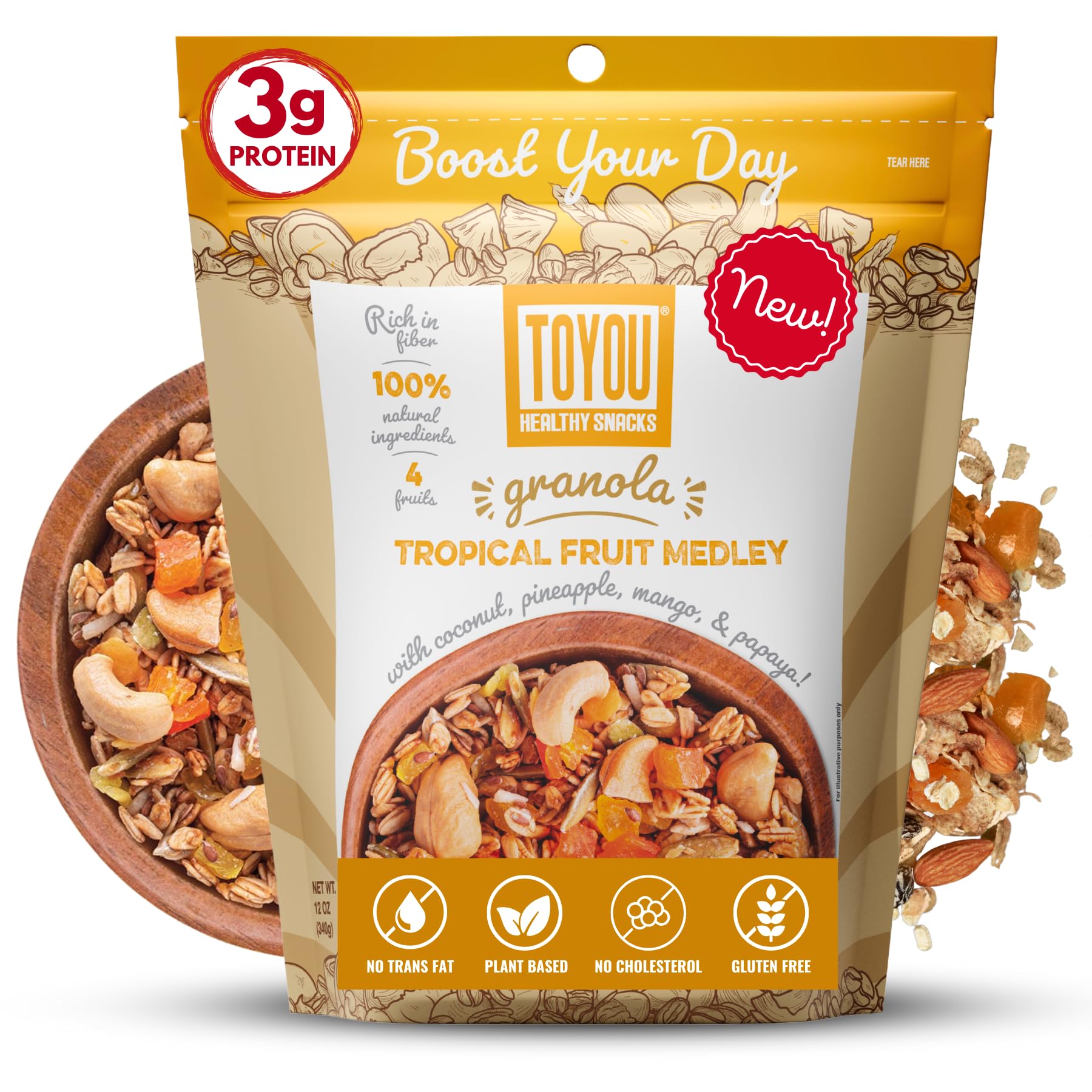 ToYou Snacks Gluten Free Granola, Fruit and Granola Cereal | Tropical Fruit Medley - 12 Ounce (Pack of 1) | Plant Based, Vegan, Healthy Snacks