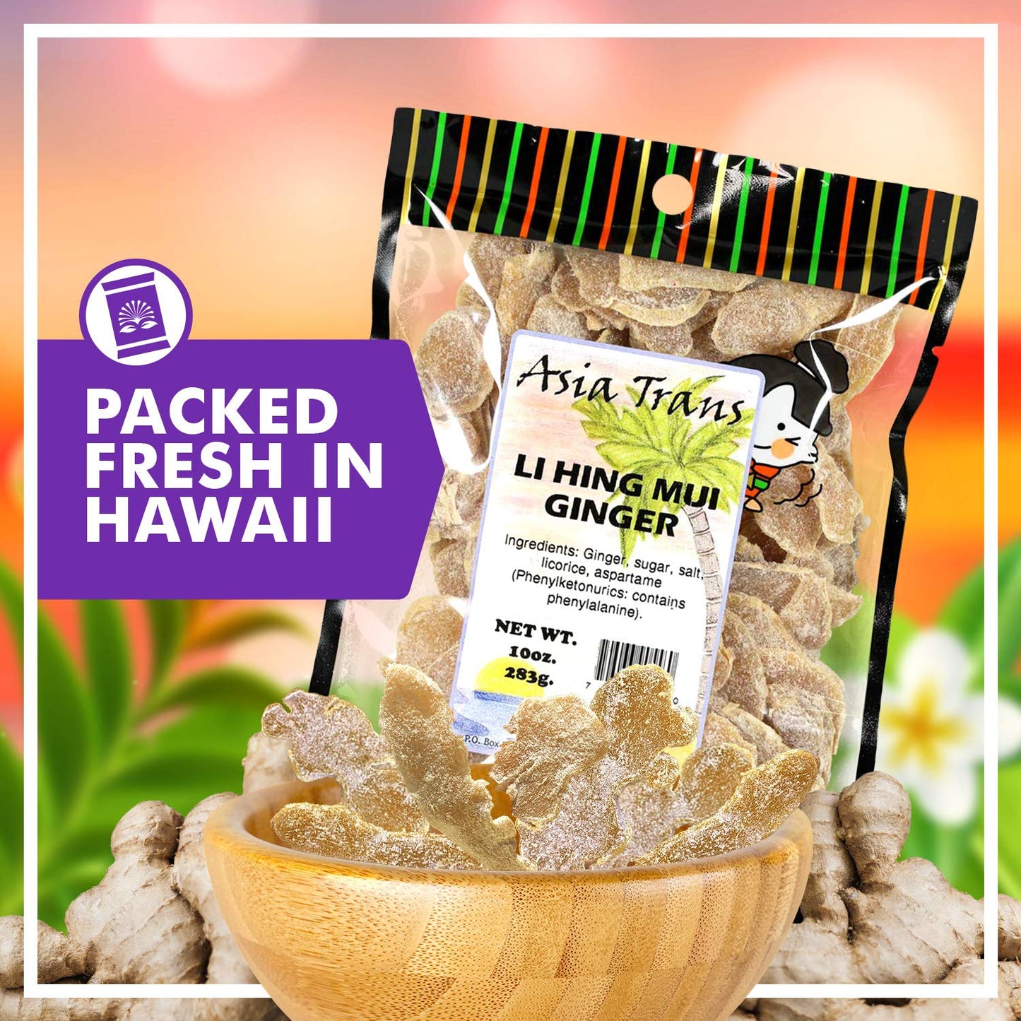 Asia Trans Li Hing Mui Dried Ginger Candy - Crystallized and Preserved Asian Fruit Slices with Plum Powder - Fresh-Packed Chews with Light Sugar