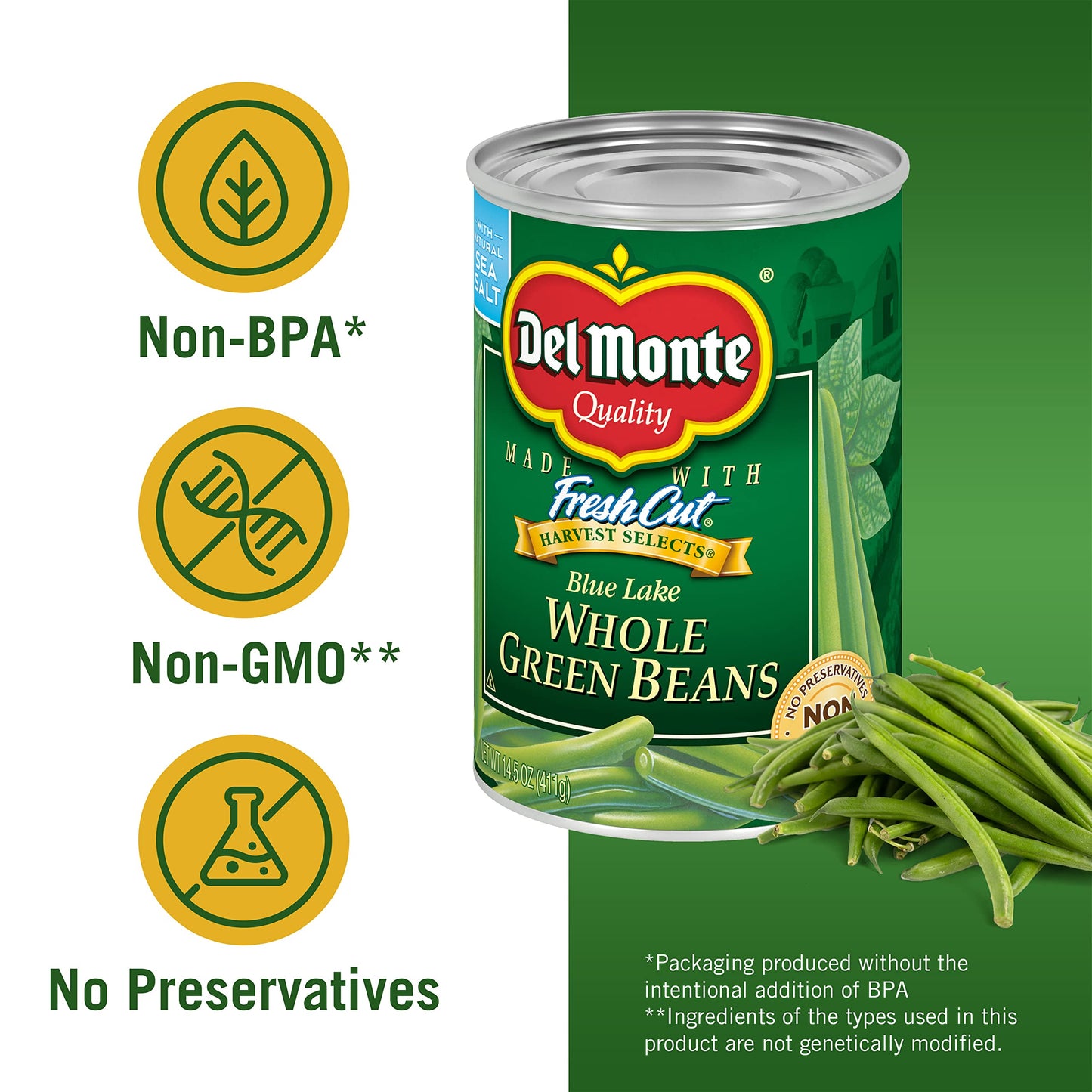 Del Monte Harvest Selects Blue Lake Whole Green Beans, 14.5 oz. Can, Canned Vegetables