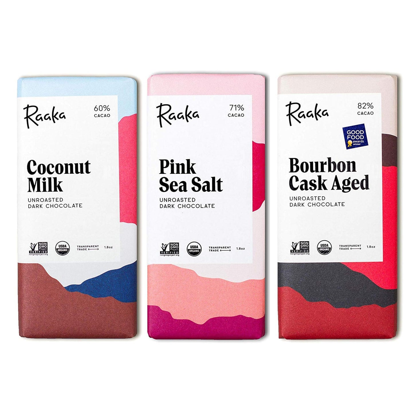 Raaka Chocolate Best Sellers Trio | Gourmet Dark Chocolate Gift | Organic, Vegan, Fair Trade, Soy Free, Non-GMO, Gluten Free, Kosher | 1.8oz Bars