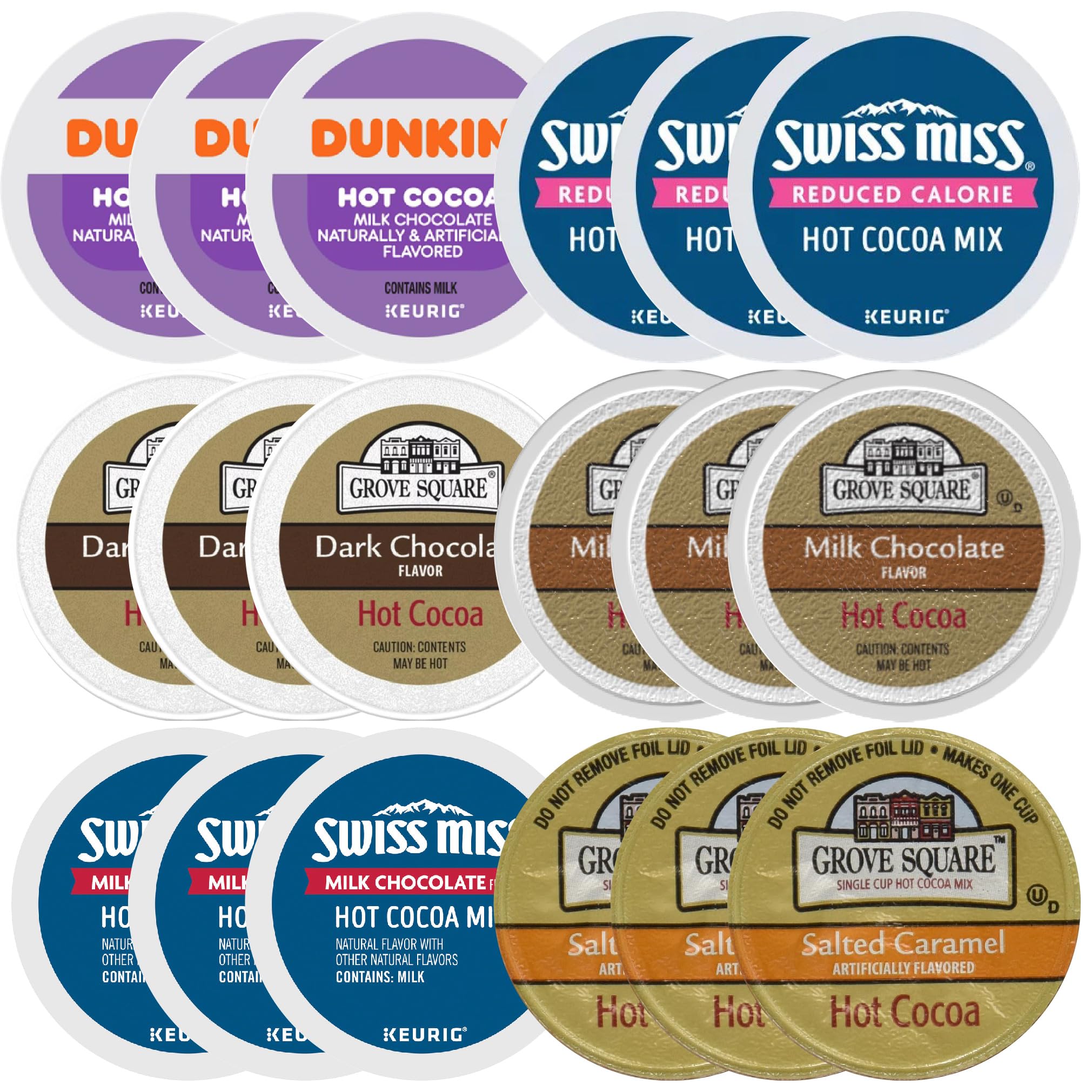 Premium Hot Chocolate K-Cup Variety Sampler Pack 18ct- Six Different Cocoa Flavors (3ea) from your Favorite Brands- Grove Square Milk & Dark, Laura
