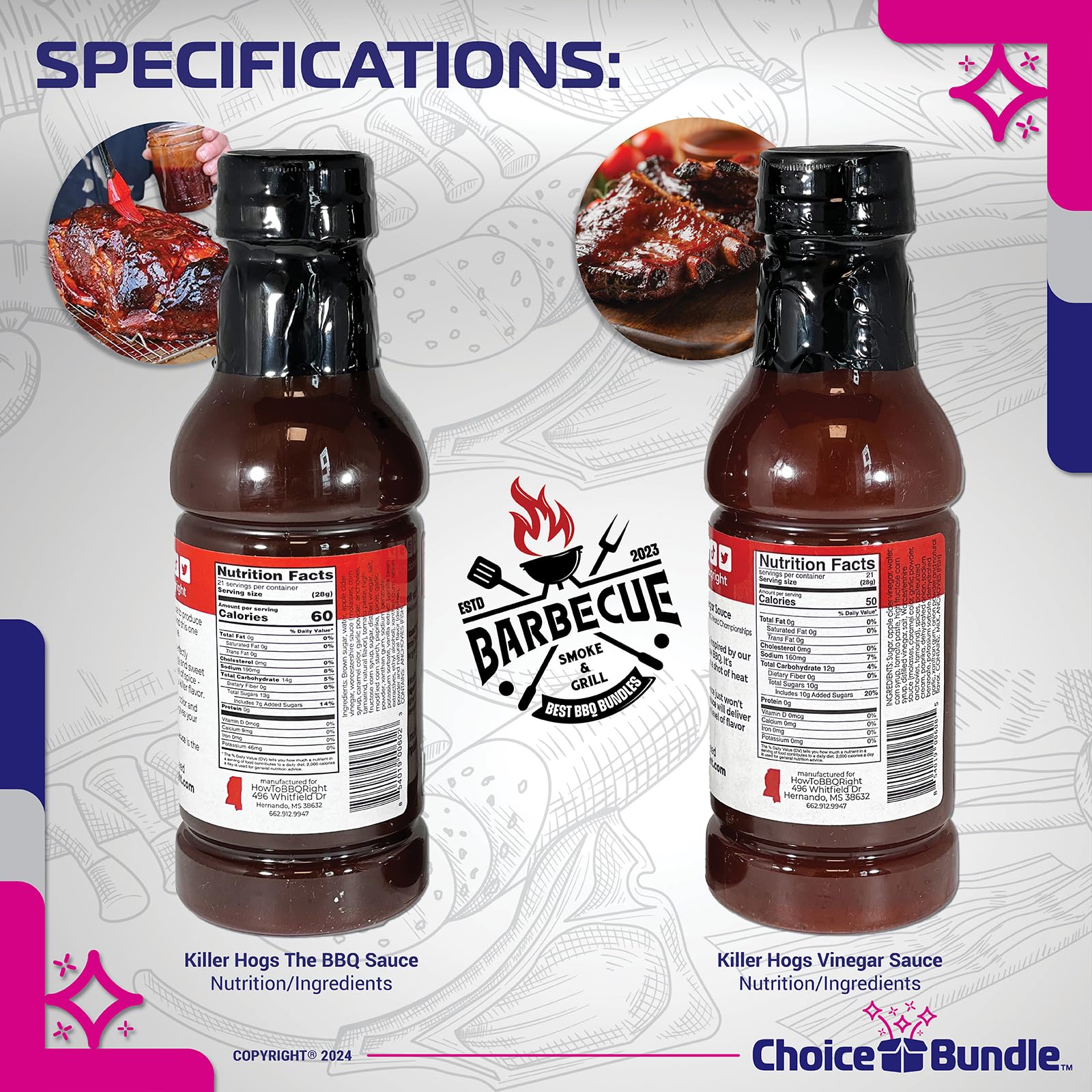 Killer Hogs The BBQ Sauce & Vinegar Sauce Premium 2 pk (32 oz) Great to Dip Toss Glaze & More + Barbecue Masters & Bottle Opener (4 Items)!