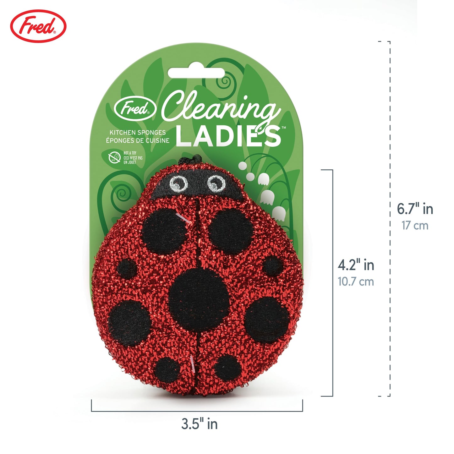 Genuine Fred Cleaning Ladies Ladybug Sponges, Set of 2 Scrubber Sponges, Gentle on Cookware, Tough on Grime, Corded Loop for Easy Drying, Fun