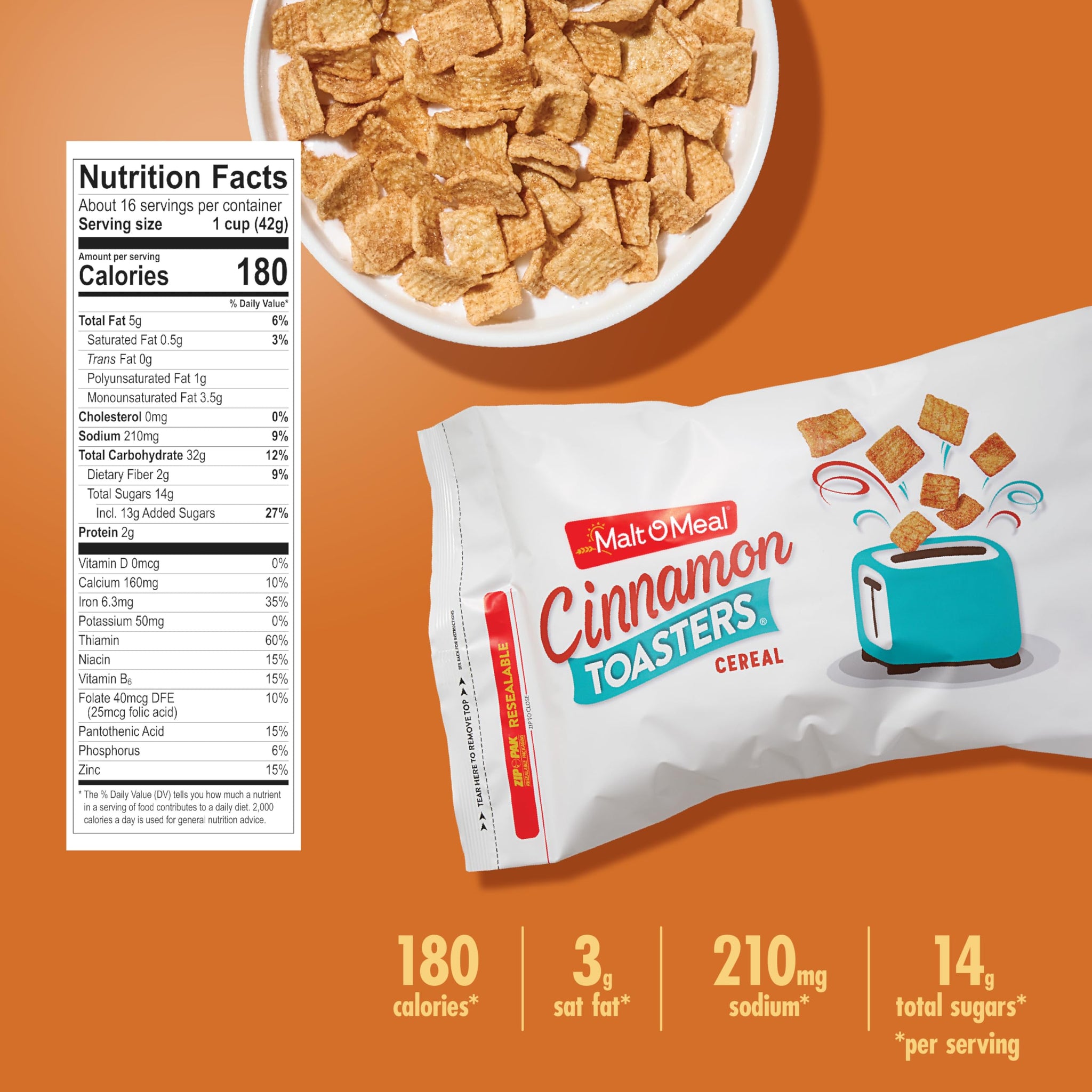 Malt-O-Meal Cinnamon Toasters Breakfast Cereal, Oven-Puffed Crispy Squares, Large Size for Family, 24 oz Resealable Bag