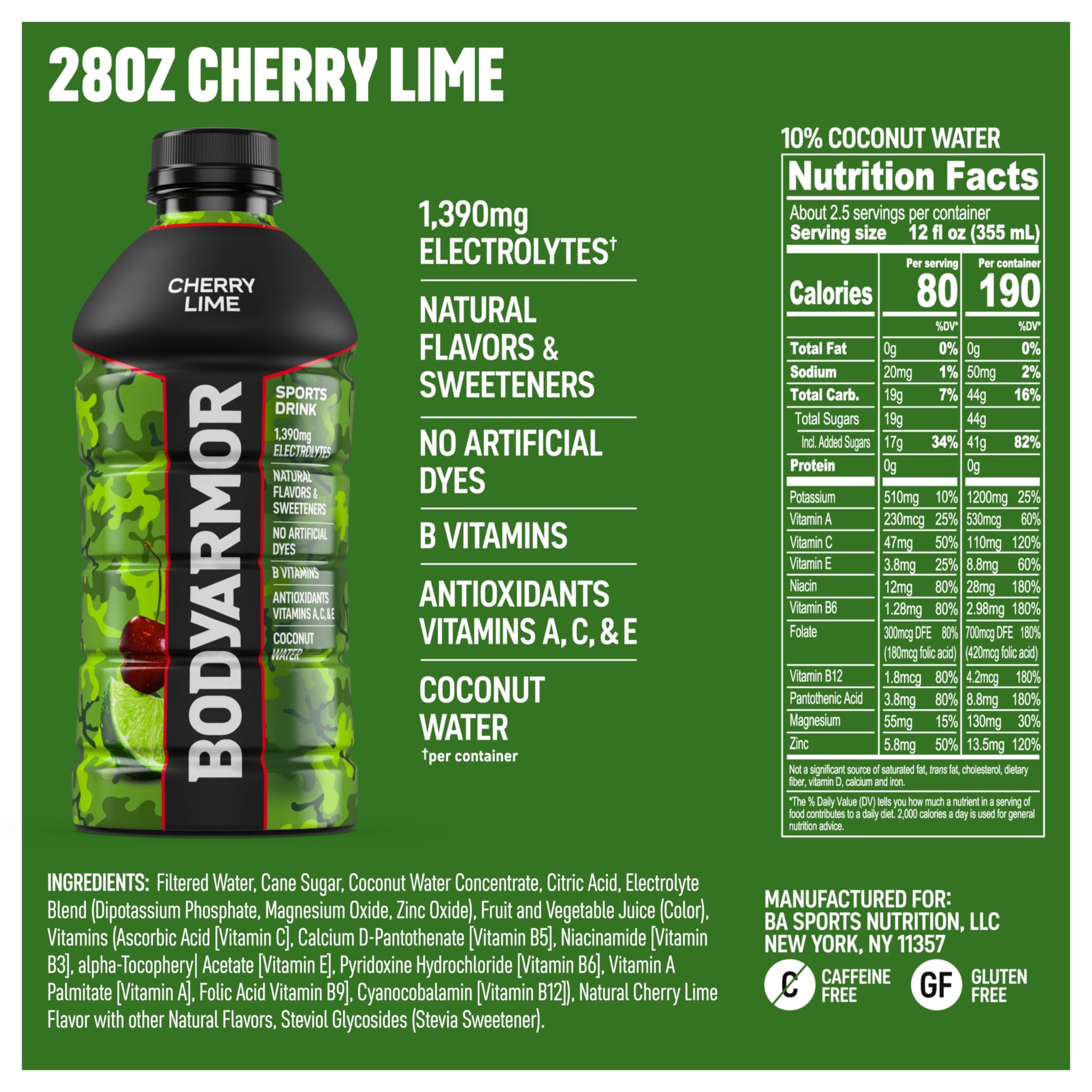 BODYARMOR Sports Drink, Cherry Lime, Electrolyte Drink Hydration, 28 Fl Oz Bottles (15 Pack), Flavored Coconut Water with B Vitamins & Antioxidants