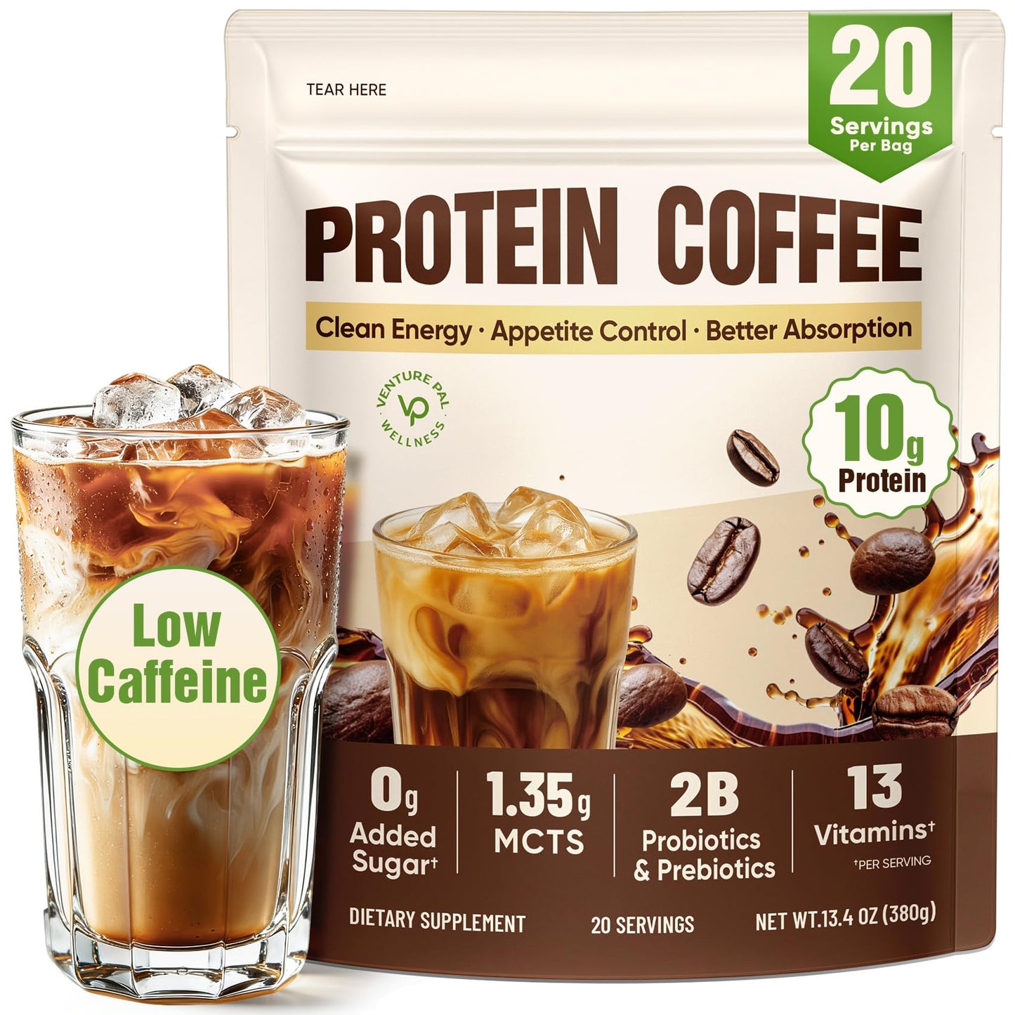 Sugar Free Protein Coffee - Cold Brew Mocha Iced Coffee, 70mg Caffeine, MCT Oil, Probiotics & Fiber, 13 Vitamins, Instant Coffee For Energy, Focus