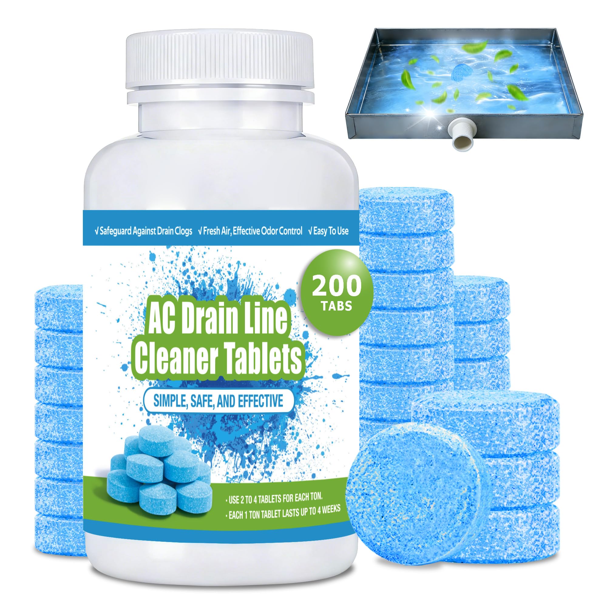 AC Drain Line Cleaner (200 Count)- Prevents Odors, Keeps HVAC Drain Pan Clean,No-Residue, Water-Soluble, Fast-AC Line Cleaner For HVAC Window Units