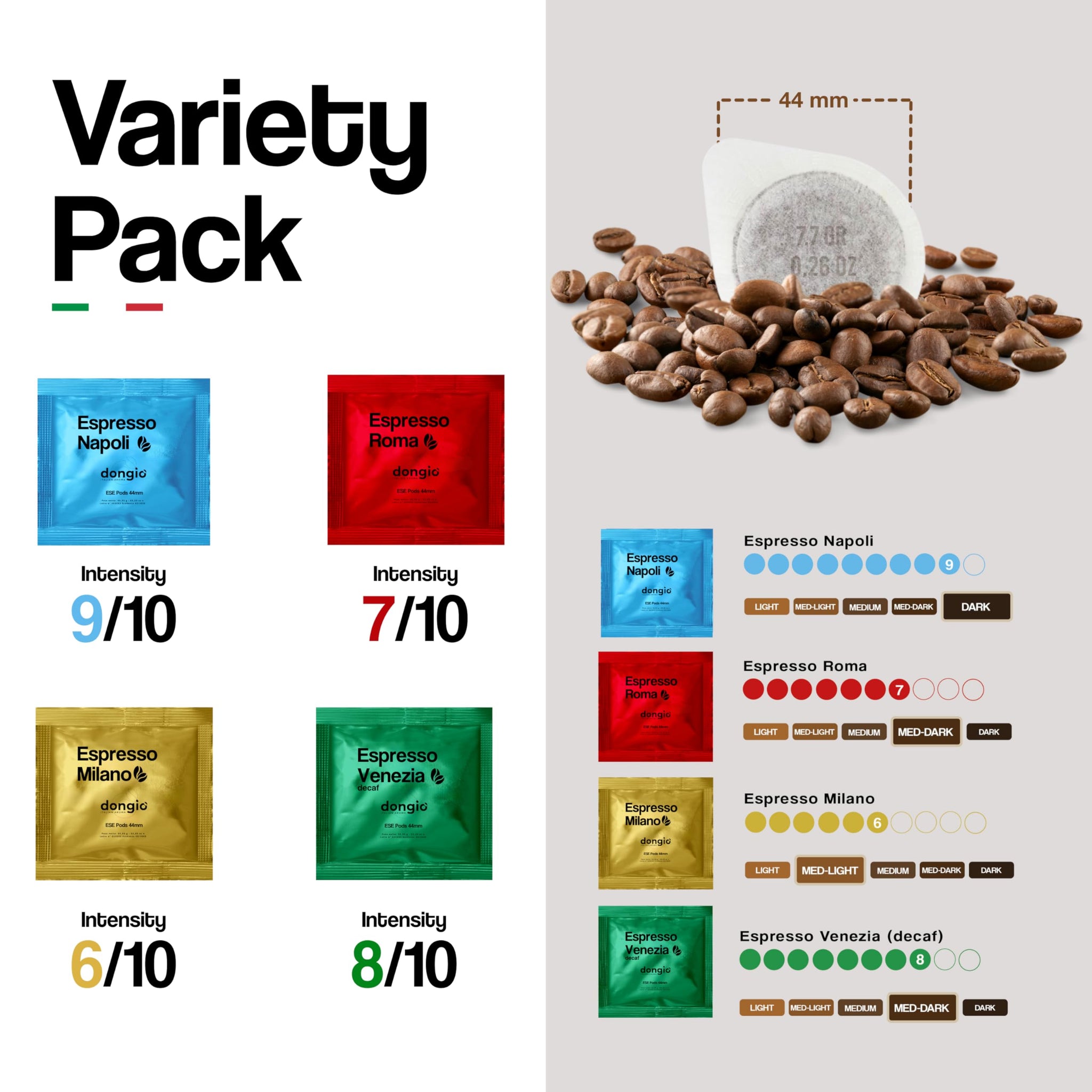 Dongio Caffe ESE Variety Pack 44mm Coffee Pods - 200 Count | Italian Espresso Pods with Napoli, Roma, Milano & Venezia, Rich Crema, Roasted in Italy