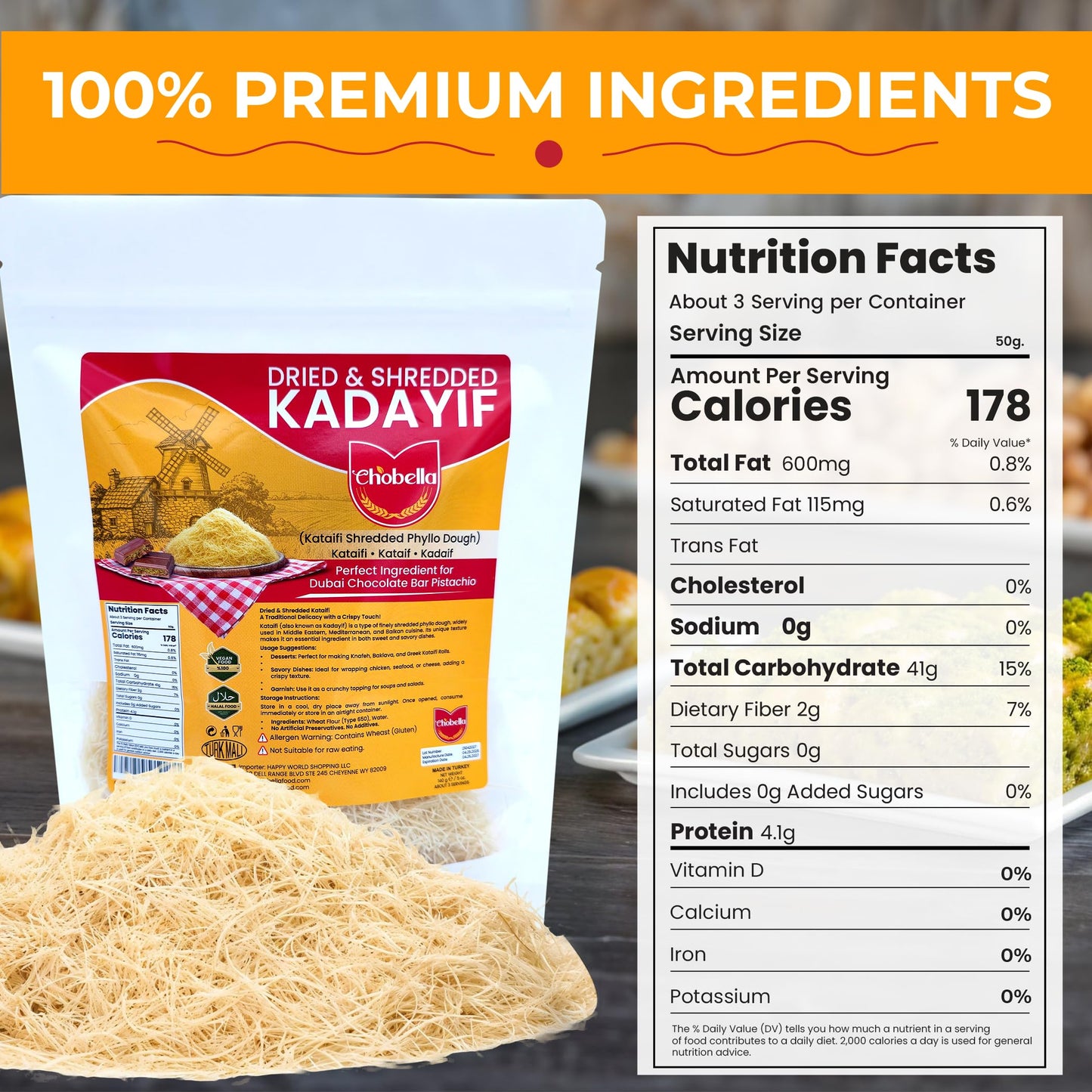 Chobella Premium Dried Kataifi Shredded Fillo Dough, Kurutulmus Kadayif Pastry Dough, Ingredient for Dubai Chocolate Bar Pistachio, Knafeh, Katafi