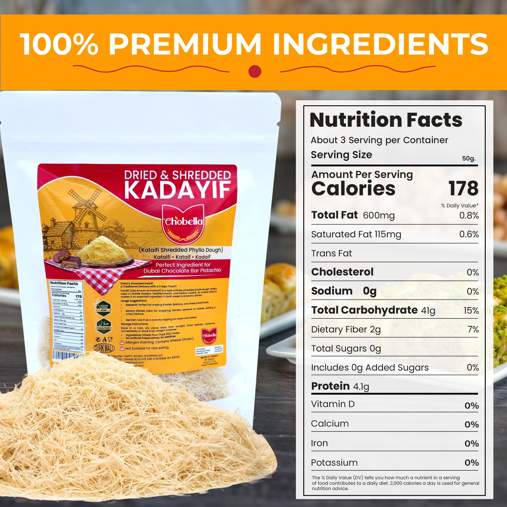 Chobella Premium Dried Kataifi Shredded Fillo Dough, Kurutulmus Kadayif Pastry Dough, Ingredient for Dubai Chocolate Bar Pistachio, Knafeh, Katafi