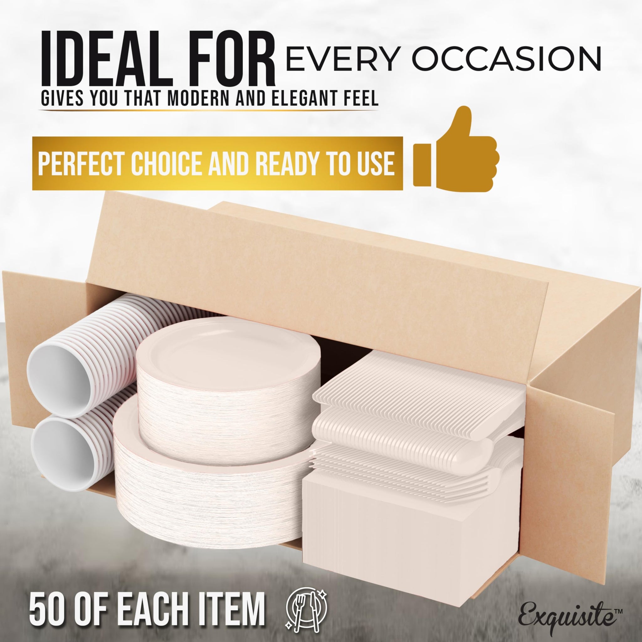 Exquisite 350 Pcs Ivory Paper Plates For Party, Ivory Disposable Plates Set, 50 Of Each 9" Dinner Plate Set, 7" Dessert Plate, Cups, Napkins & Cutlery