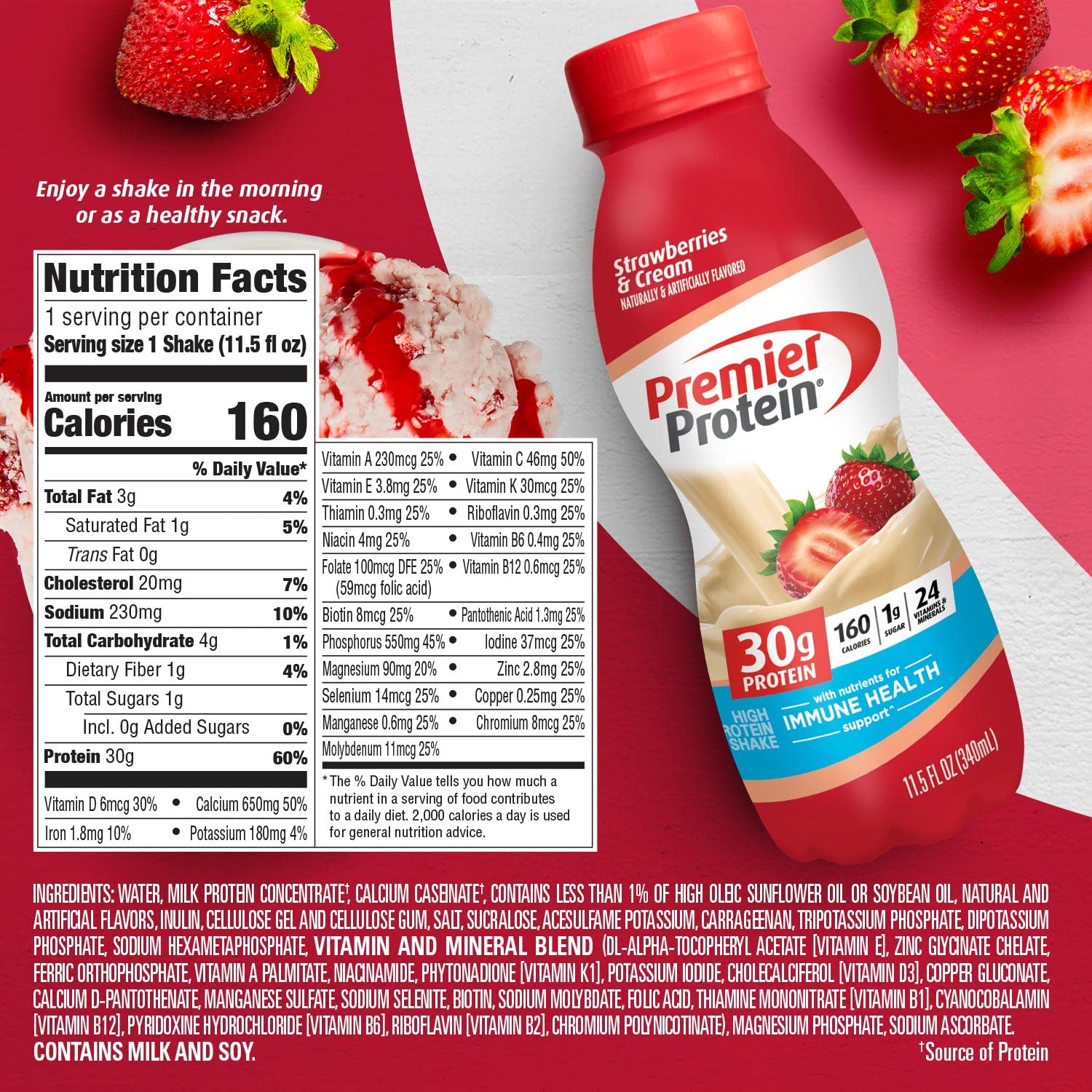 Premier Protein Shake, Strawberries & Cream, 30g Protein, No Added Sugar, 24 Vitamins & Minerals to Support Immune Health, 11.5 fl oz, 1 Pack