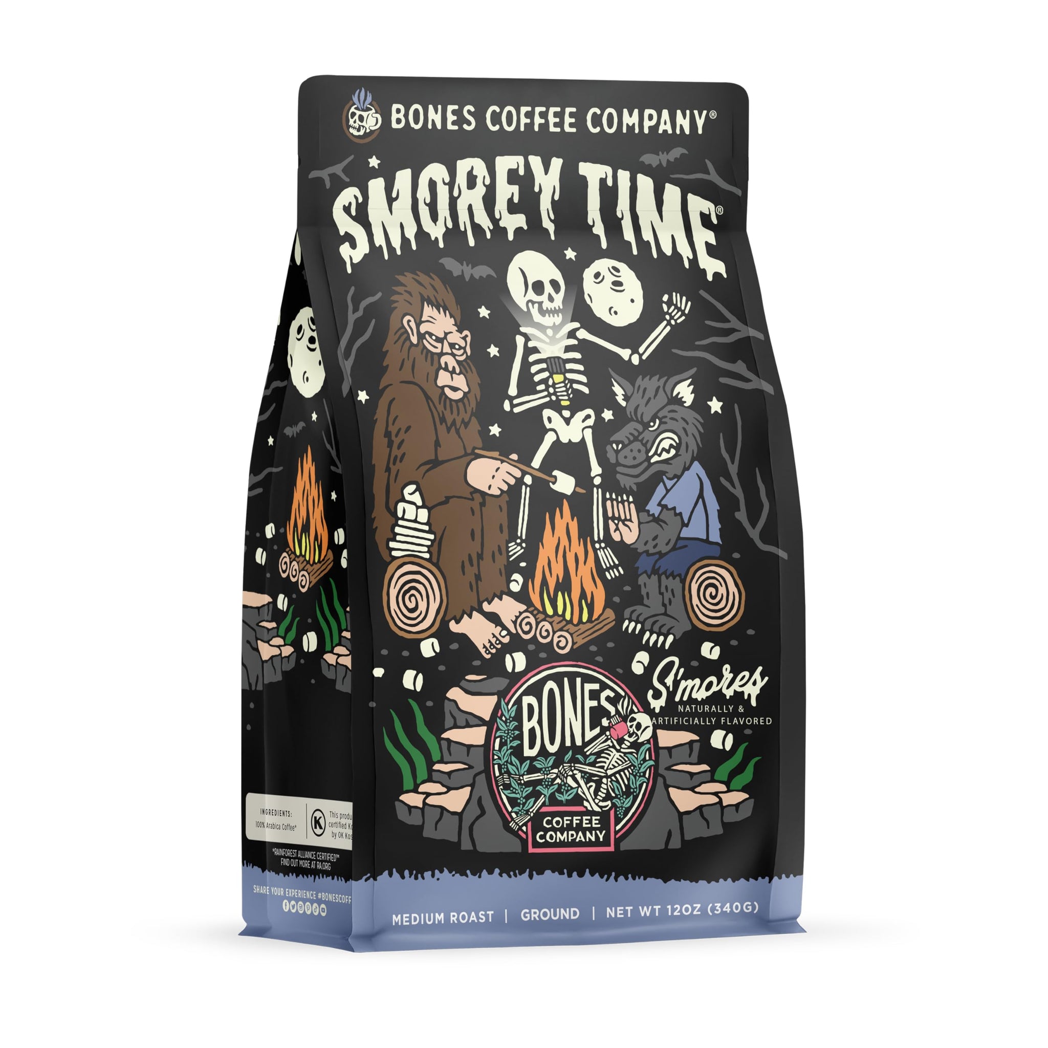 Bones Coffee Company S'morey Time, S'mores and Graham Crackers Flavored Coffee, Medium Roast Low Acid Arabica Beans Compatible with Auto drip