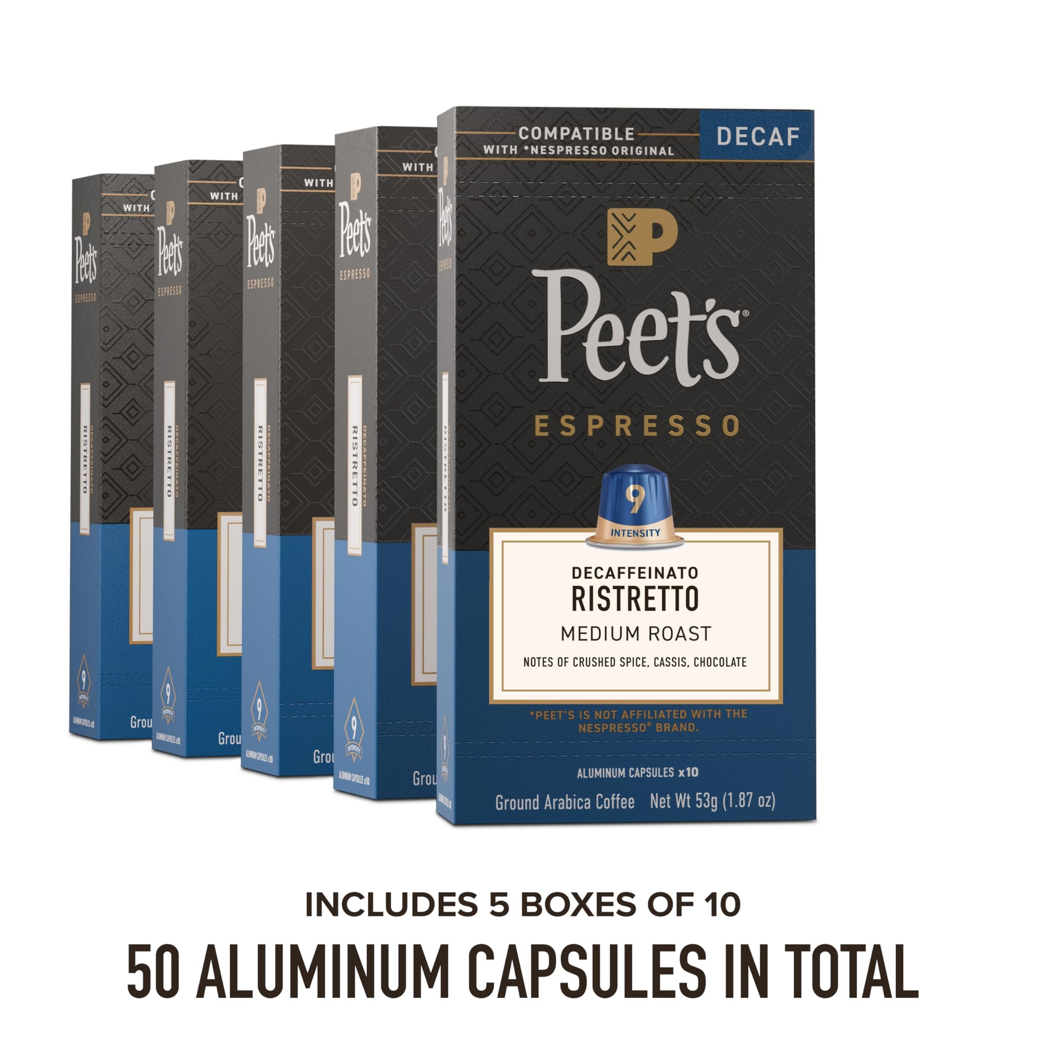 Peet's Coffee, Medium Roast Decaf Espresso Capsules, Compatible with Nespresso Original Machine, Decaffeinated Arabica Coffee - Decaf Ristretto