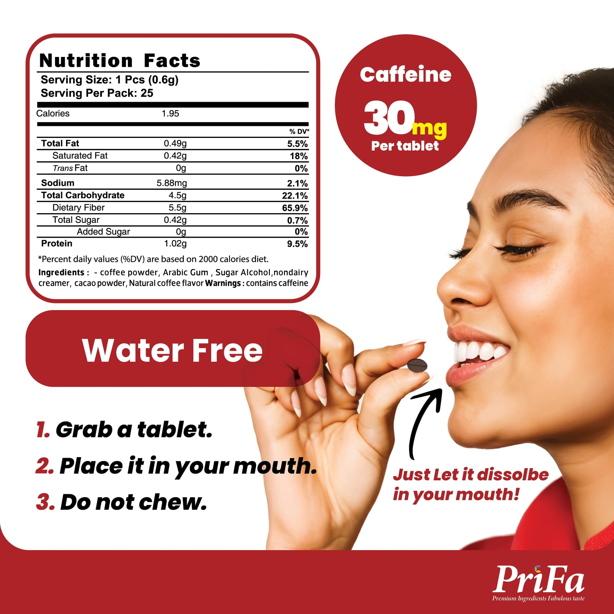 PriFa Espresso Coffee Tablets - Water-Free Coffee, Instant Coffee On-The-Go, Sugar-Free, Pocket-Friendly, Portable Caffeine Boost - 30mg Caffeine, 25