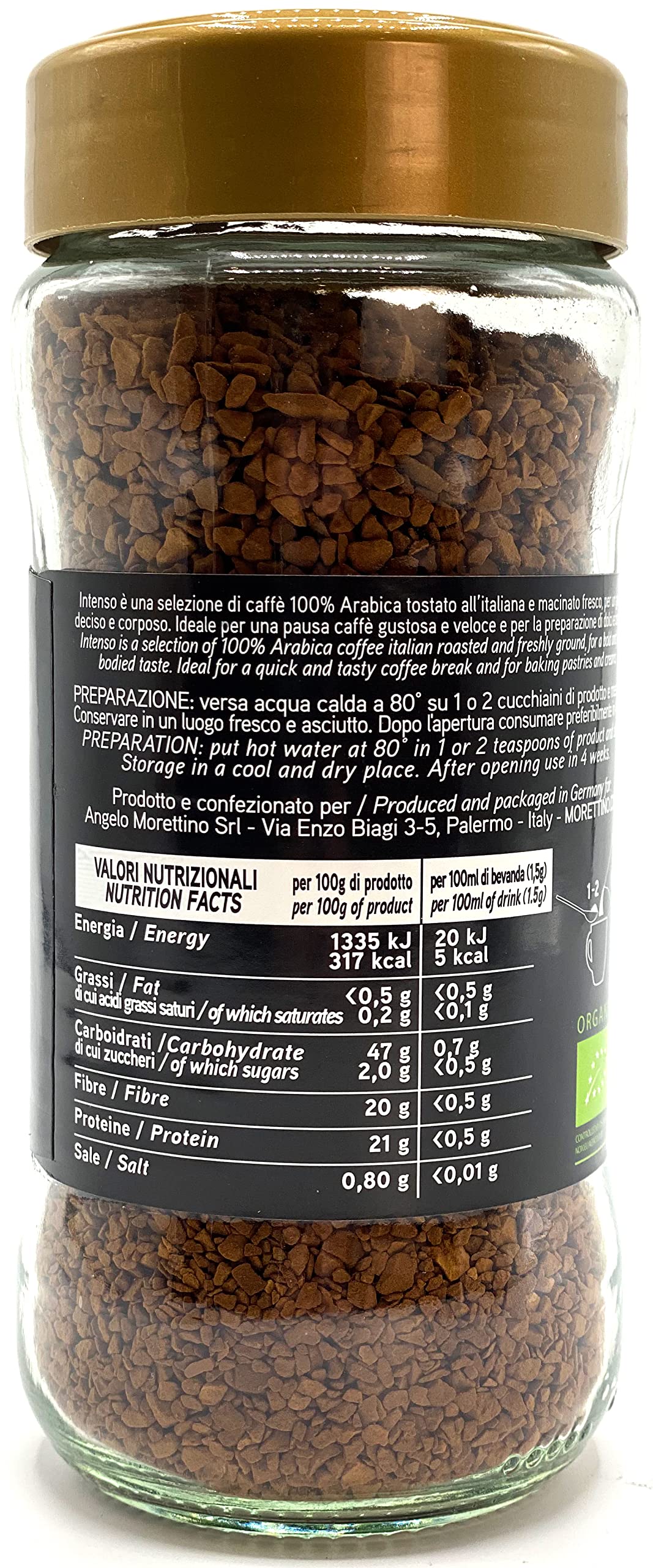 Morettino Intenso Sicilian Organic Instant Coffee, Arabica, Italian Roasted from Sicily, 3.53 oz (100g)