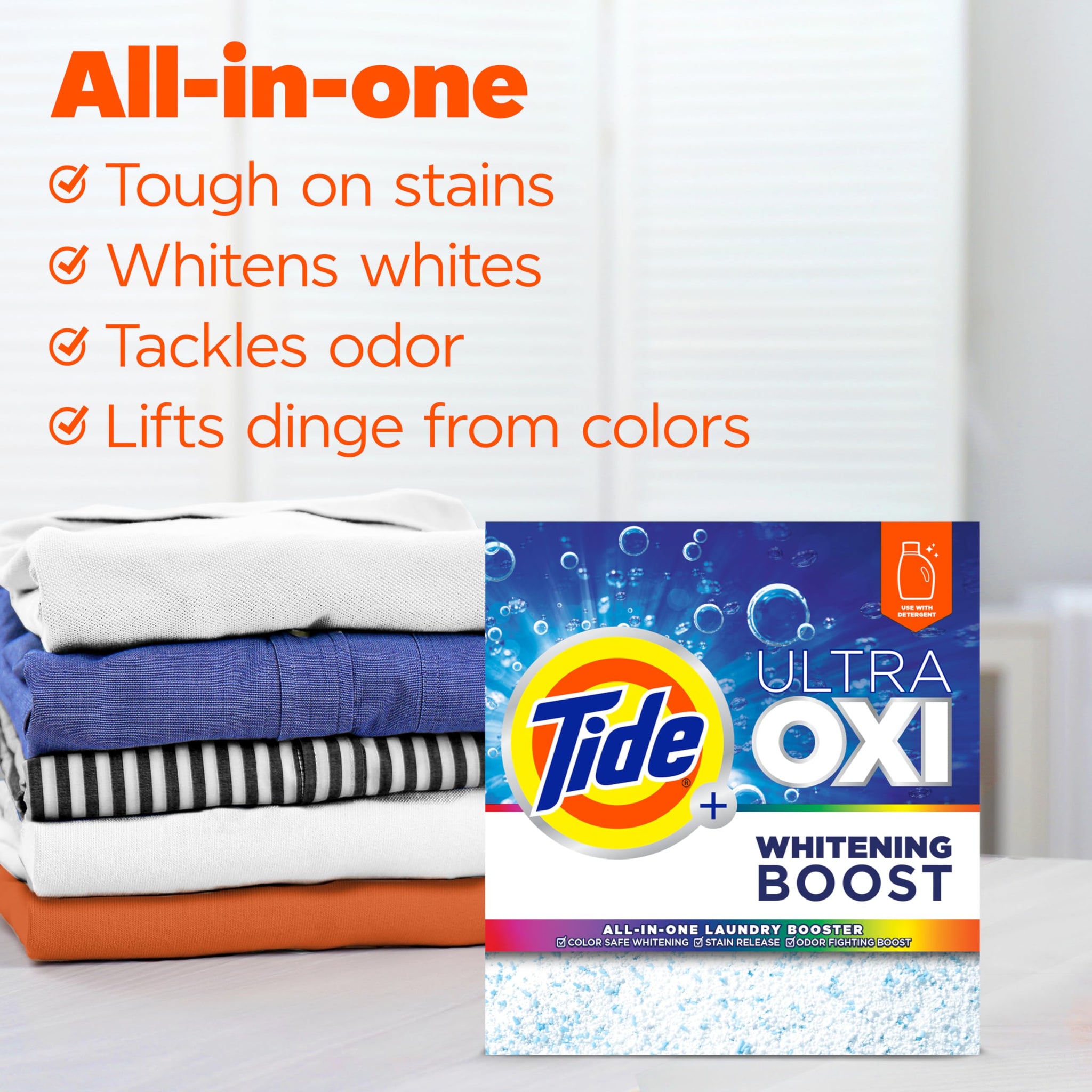 Tide Ultra Oxi Whitening Boost, 57 oz, All in One Laundry Booster, Color Safe Whitening, Stain and Odor Fighter