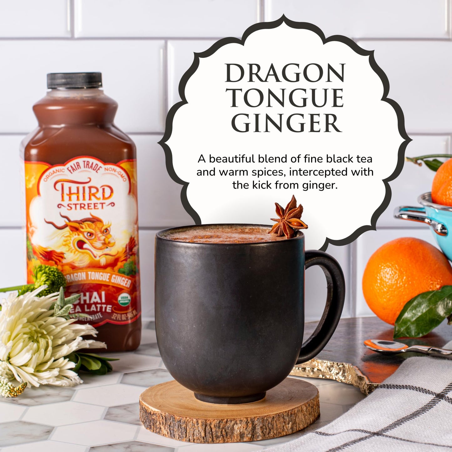 Third Street Inc Organic Dragon Tongue Ginger Chai Concentrate 6-Pack, 32 Fl. Oz., Black Tea Latte Concentrate, Generously Spiced Tea Blend