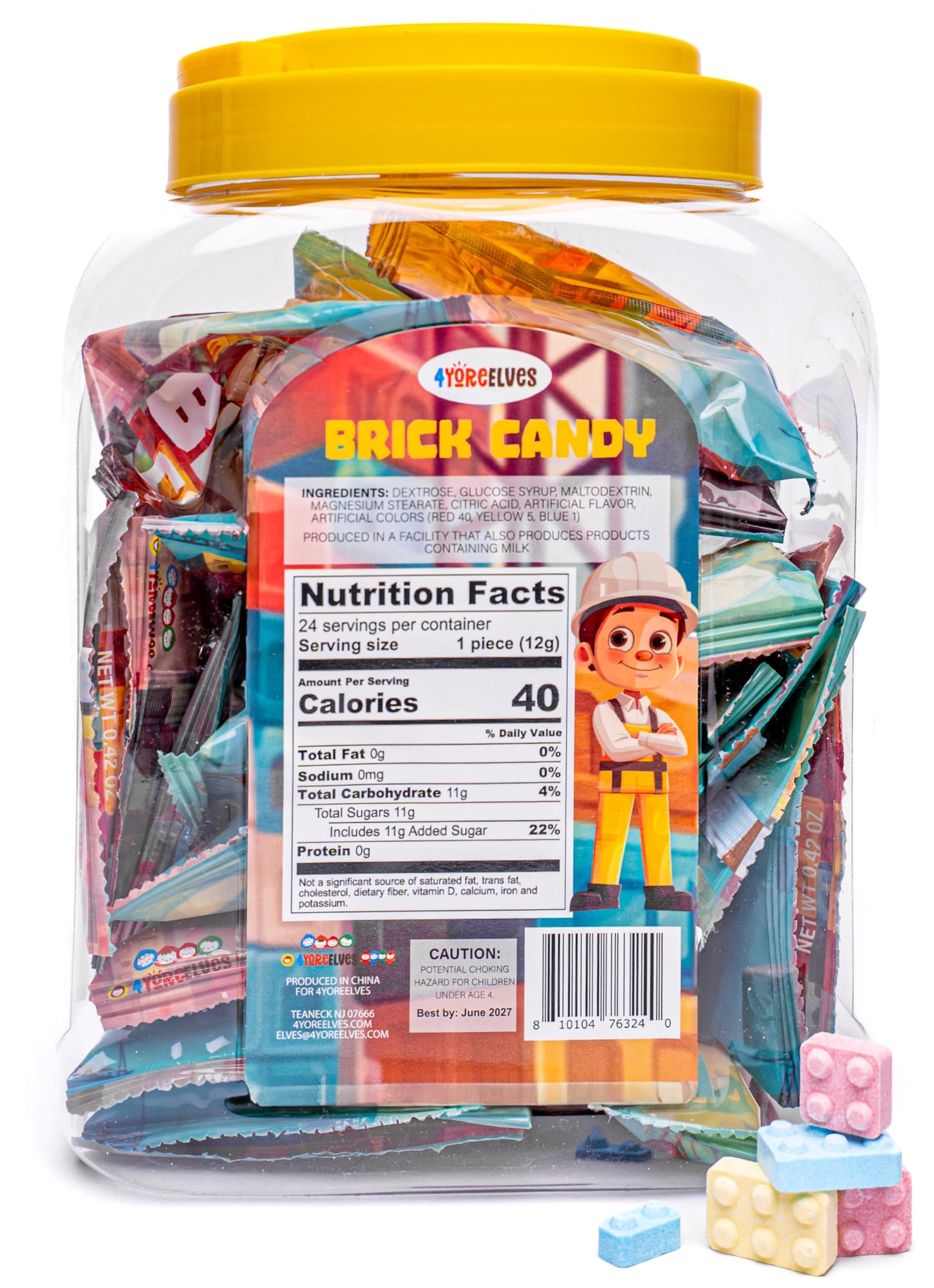 Candy Bricks, 24 Individual Party Favor Bags of Tutti Frutti Flavored Blocks for Construction Themed Fun, Brick Shaped Cake Topper and Party Candy in