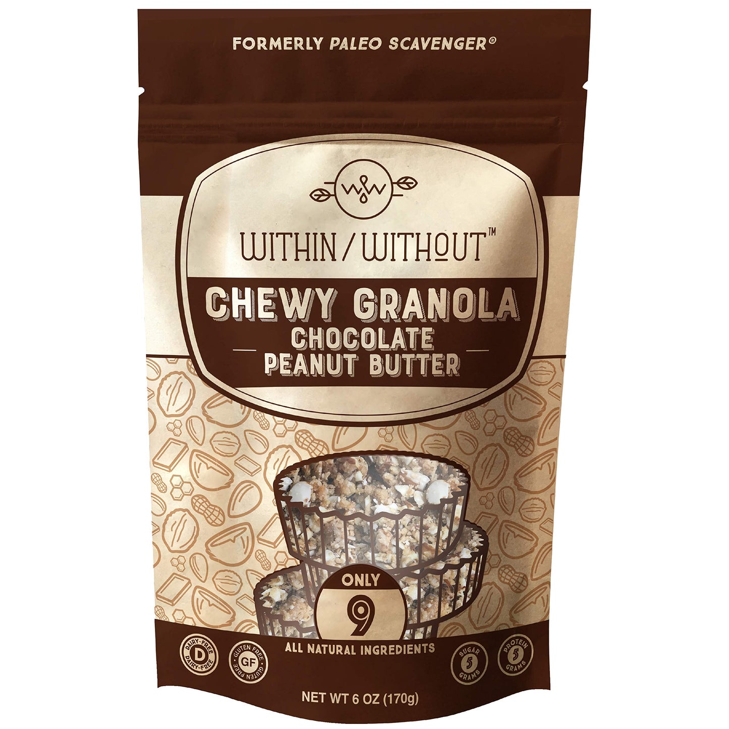 Dark Chocolate Peanut Butter Grain Free Granola by Within/Without | Certified Paleo and Keto Diet Friendly Chewy Granola | Naturally Gluten Free Low