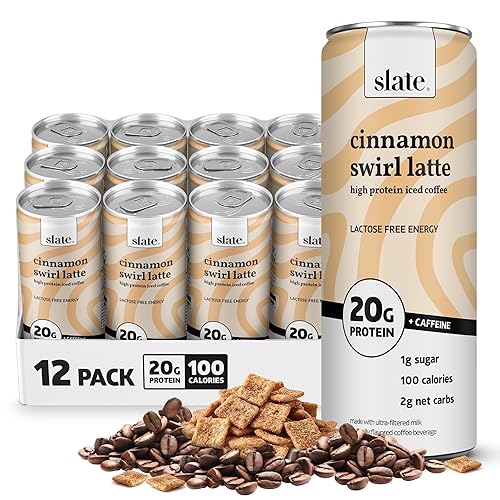 Slate Milk - High Protein Iced Coffee - Cinnamon Swirl Latte - 175mg Caffeine, Lactose Free Energy - 20g Protein, 1g Sugar, 100 Calories, 2g Net