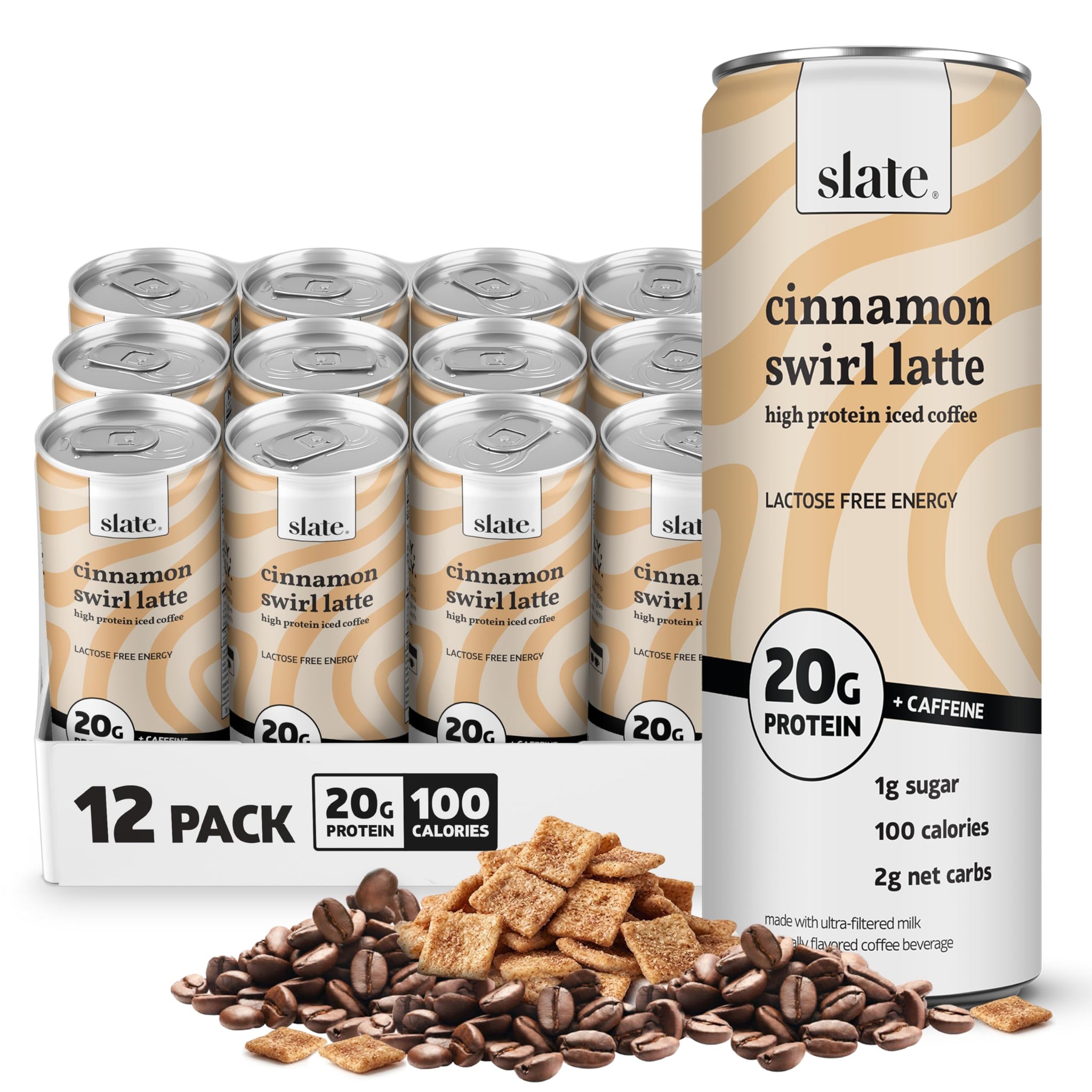 Slate Milk - High Protein Iced Coffee - Cinnamon Swirl Latte - 175mg Caffeine, Lactose Free Energy - 20g Protein, 1g Sugar, 100 Calories, 2g Net