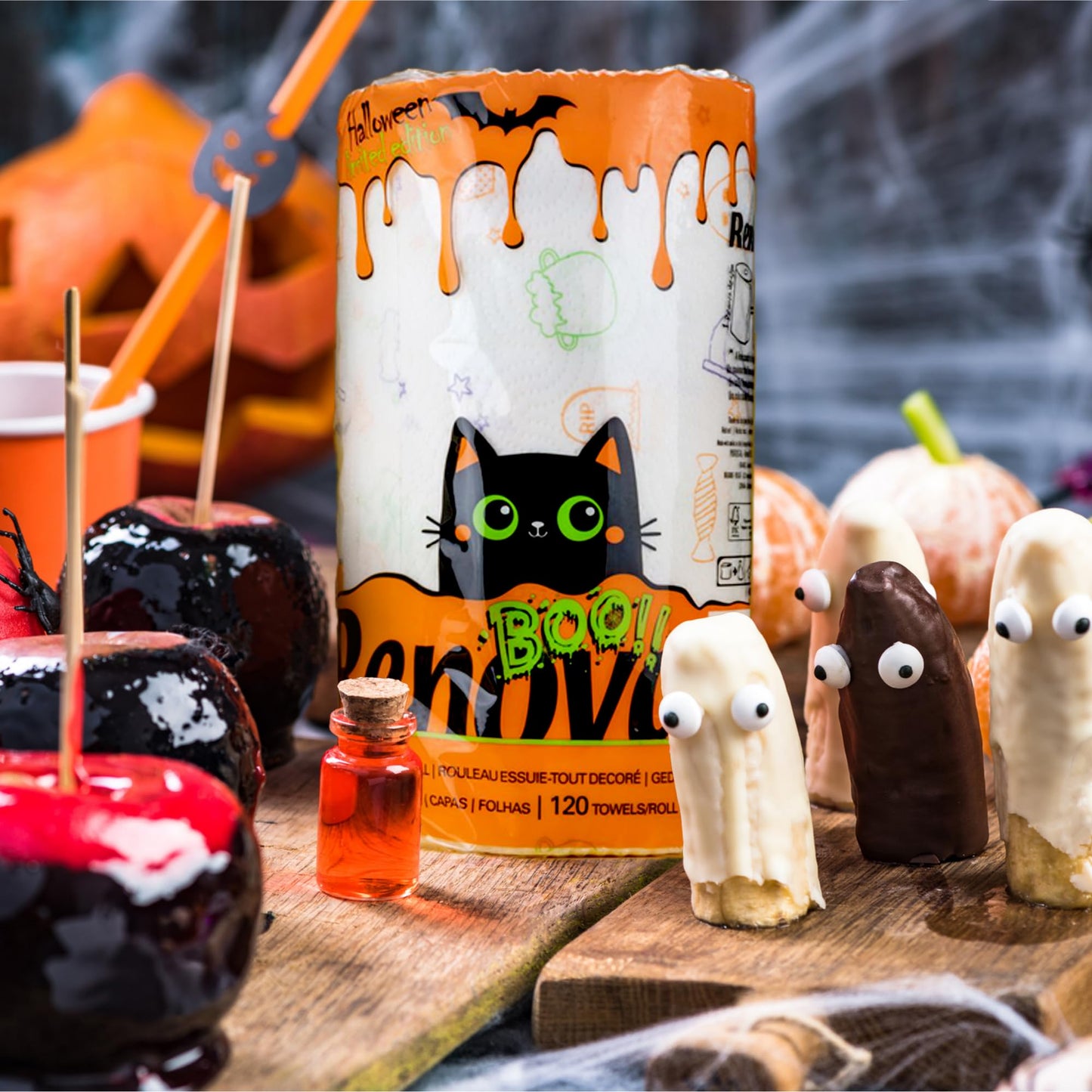 Renova Set of 3 Halloween Kitchen Paper Towel Jumbo Rolls 2-ply 120 Sheets - Spider Napkins - Ghost Paper Napkins for HalloweenDecor Idea