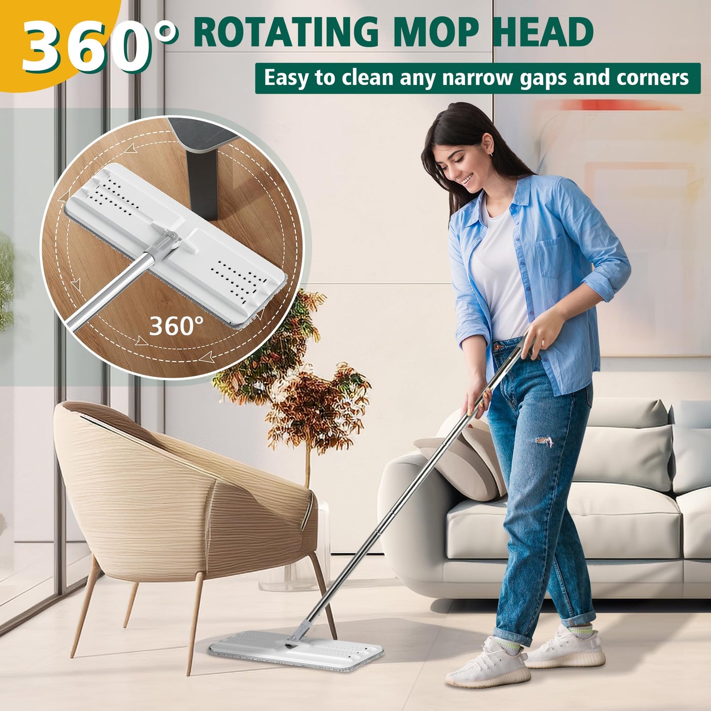 JC Jorden Mop and Bucket with Wringer Set, Hands Free Flat Floor Mop and Bucket, 3 Washable Microfiber Pads Included, Wet and Dry Use, Home Floor