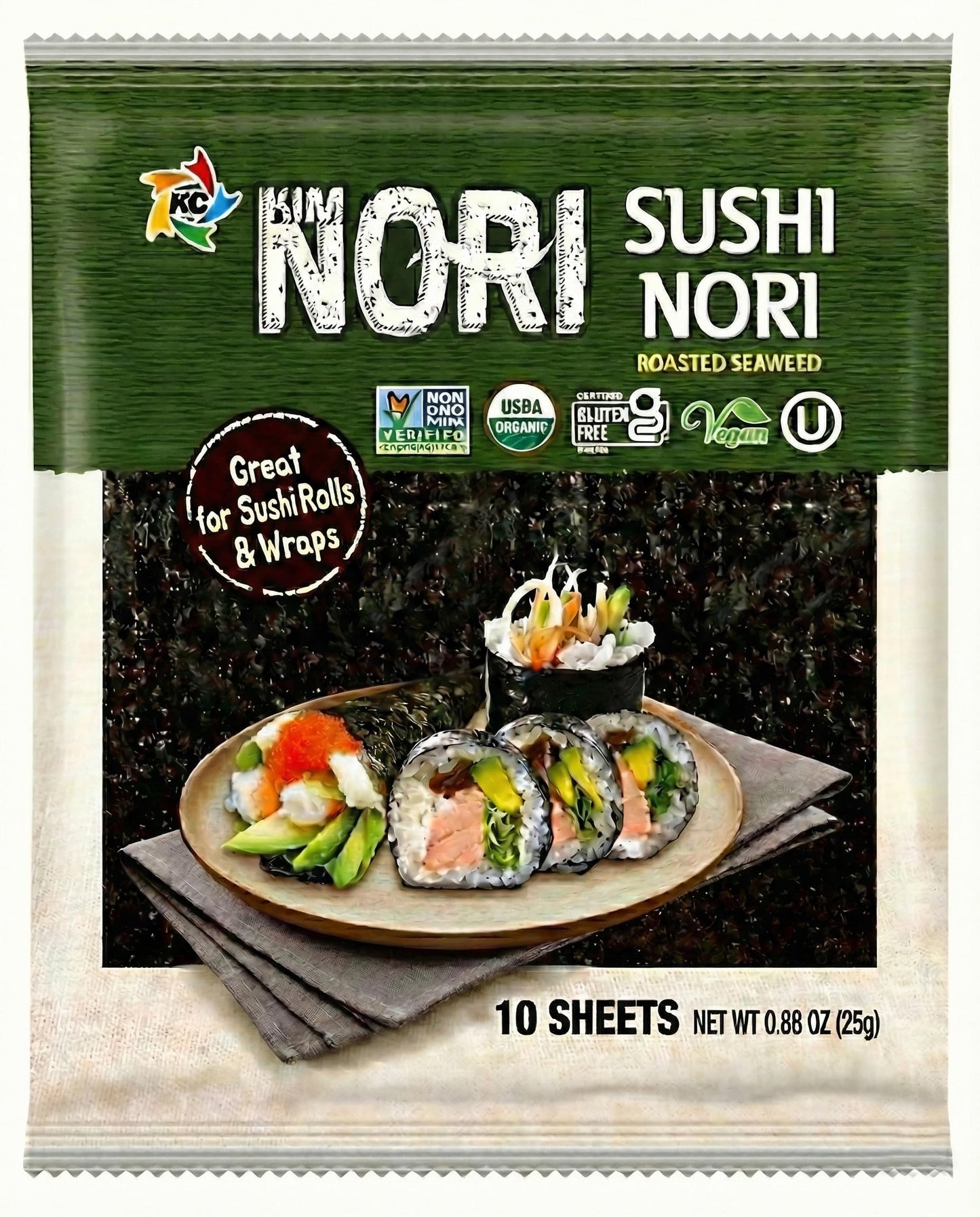Kimnori Organic Roasted Seaweed Sushi Nori Sheets (10 sheets, 25g) - Professional Grade Full Size Nori for Sushi & Kimbap - California Crafted, Keto