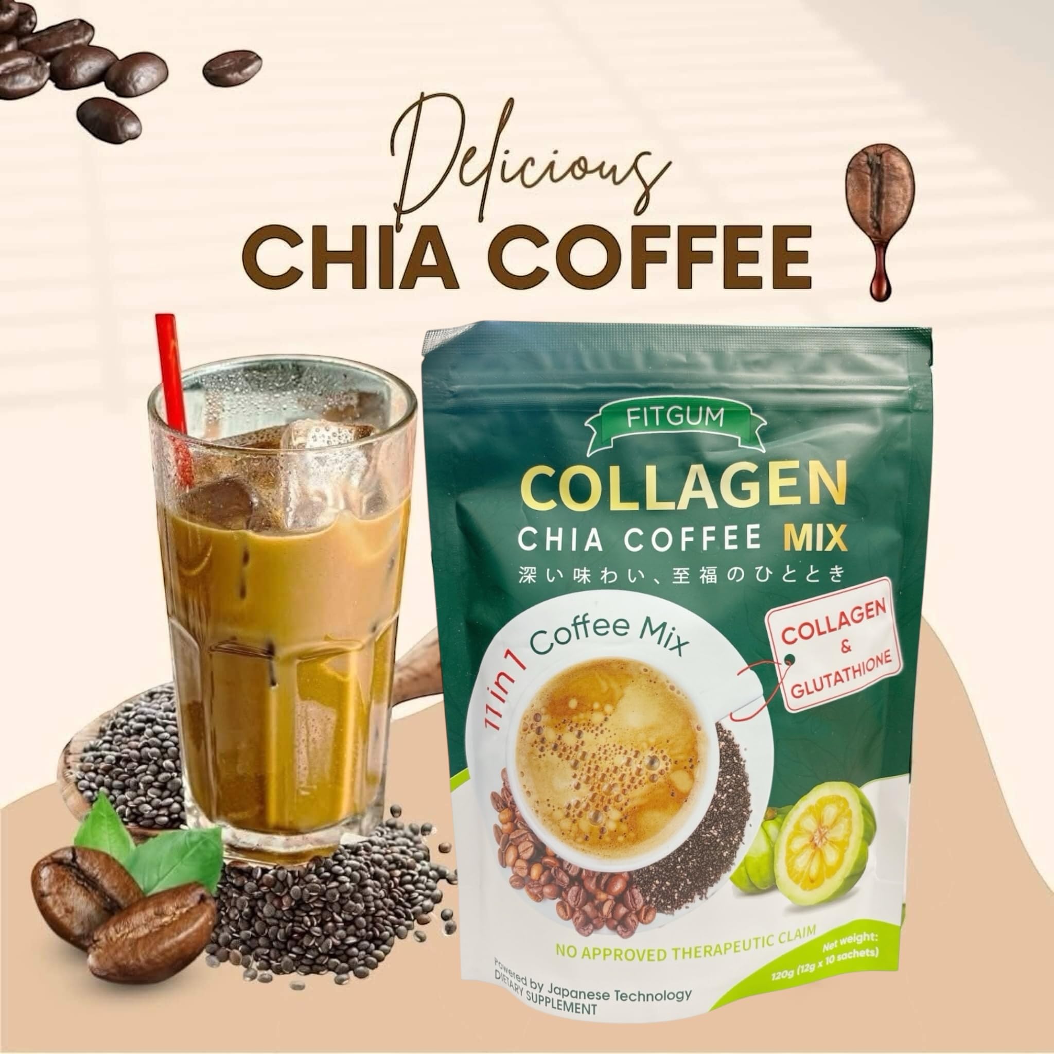 FIT GUM 20X Collagen Chia Coffee - 11 in 1 Coffee Mix (10 Sachets x 12g)