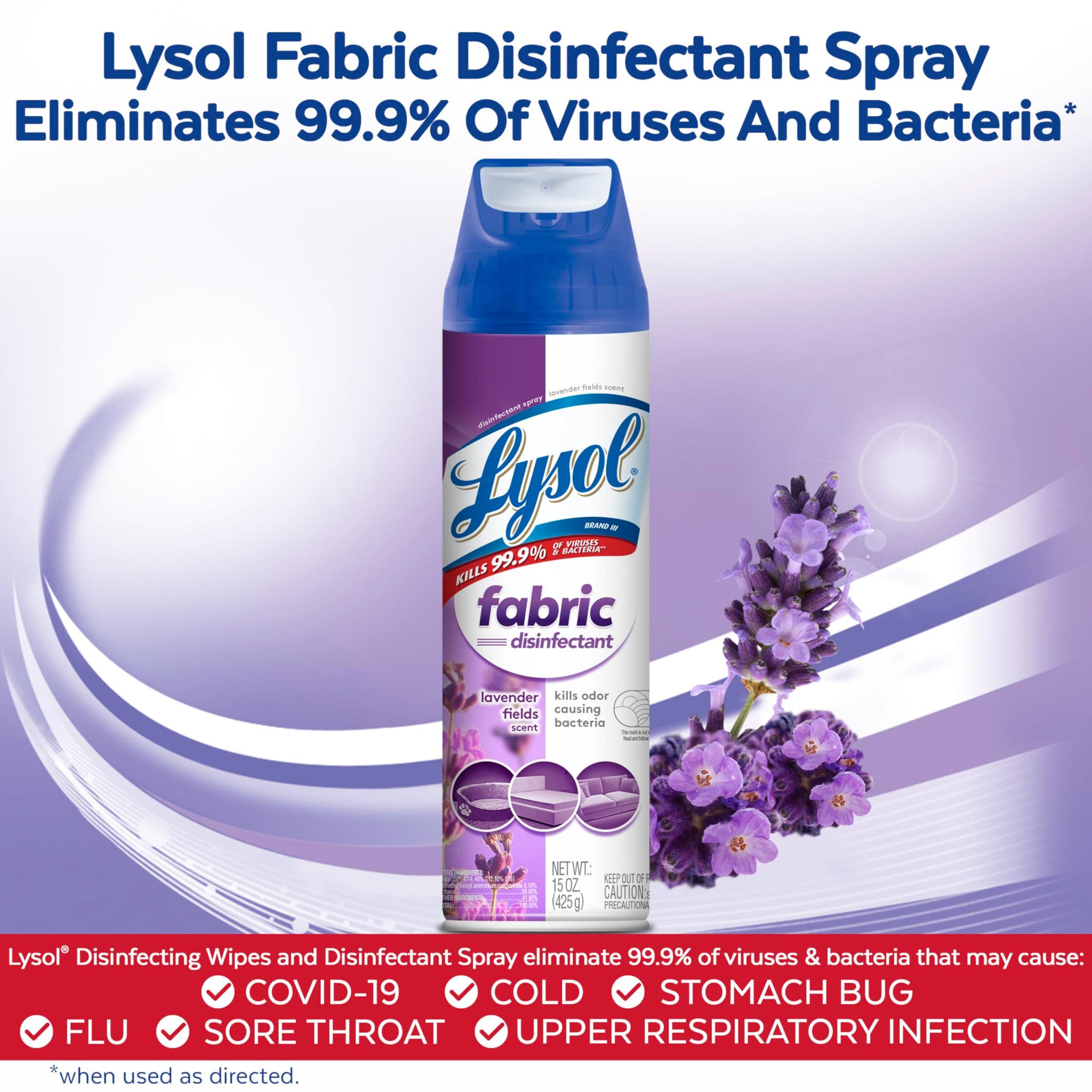Lysol Fabric Disinfectant Spray, Sanitizing and Antibacterial Spray, For Disinfecting and Deodorizing Soft Furnishings, Lavender Fields 15 Fl. Oz