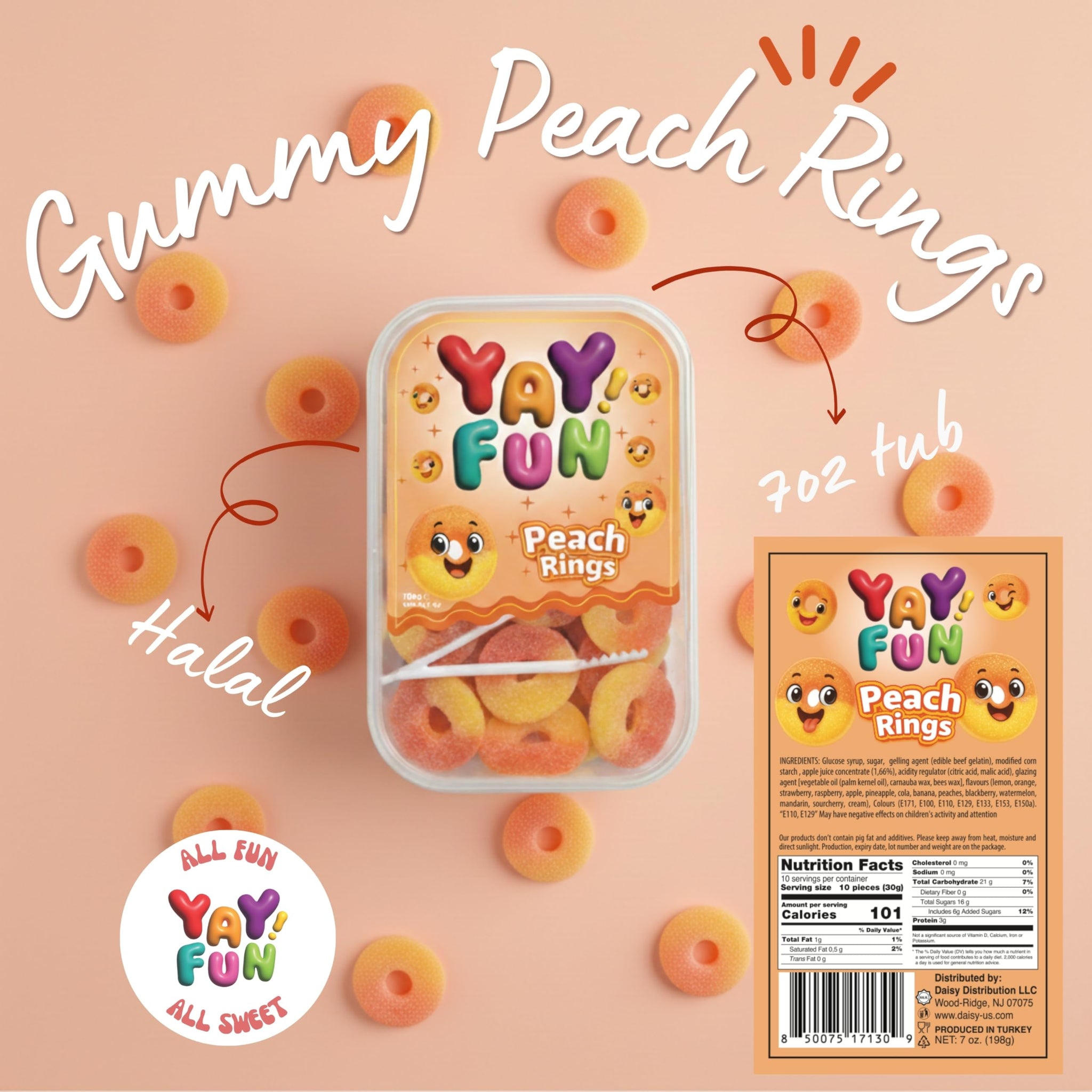 Halal Gummy Peach Rings | 6 Pack Bundle (6x7 oz Tubs) | Soft & Chewy Peach Ring Gummies | Resealable Tubs in Bulk with Display Box | Halal Bulk Gummy