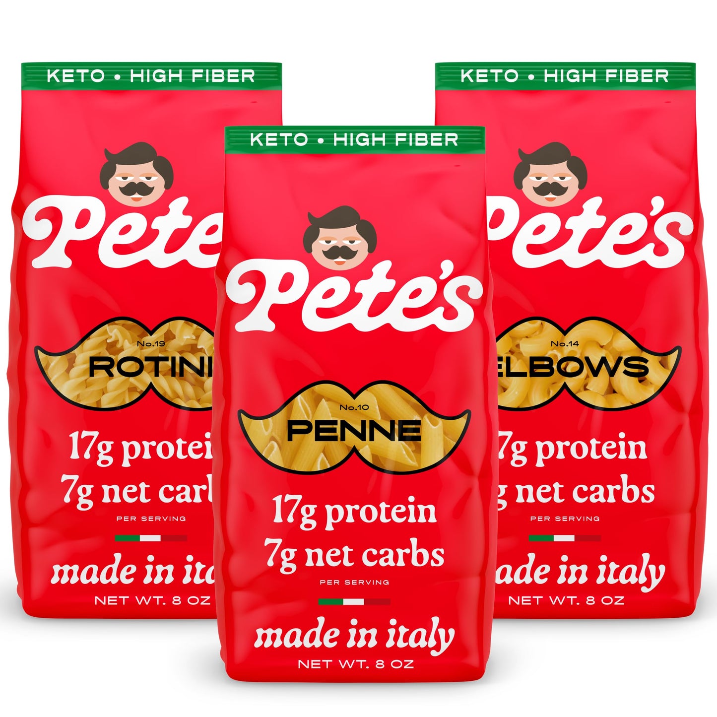 Low Carb, Protein Pasta Variety | Penne, Rotini, Elbow Macaroni with 17g Protein, 7g Carbs | Healthy, Keto Pasta Made in Italy | 3-Pack, 8oz - Pete’s