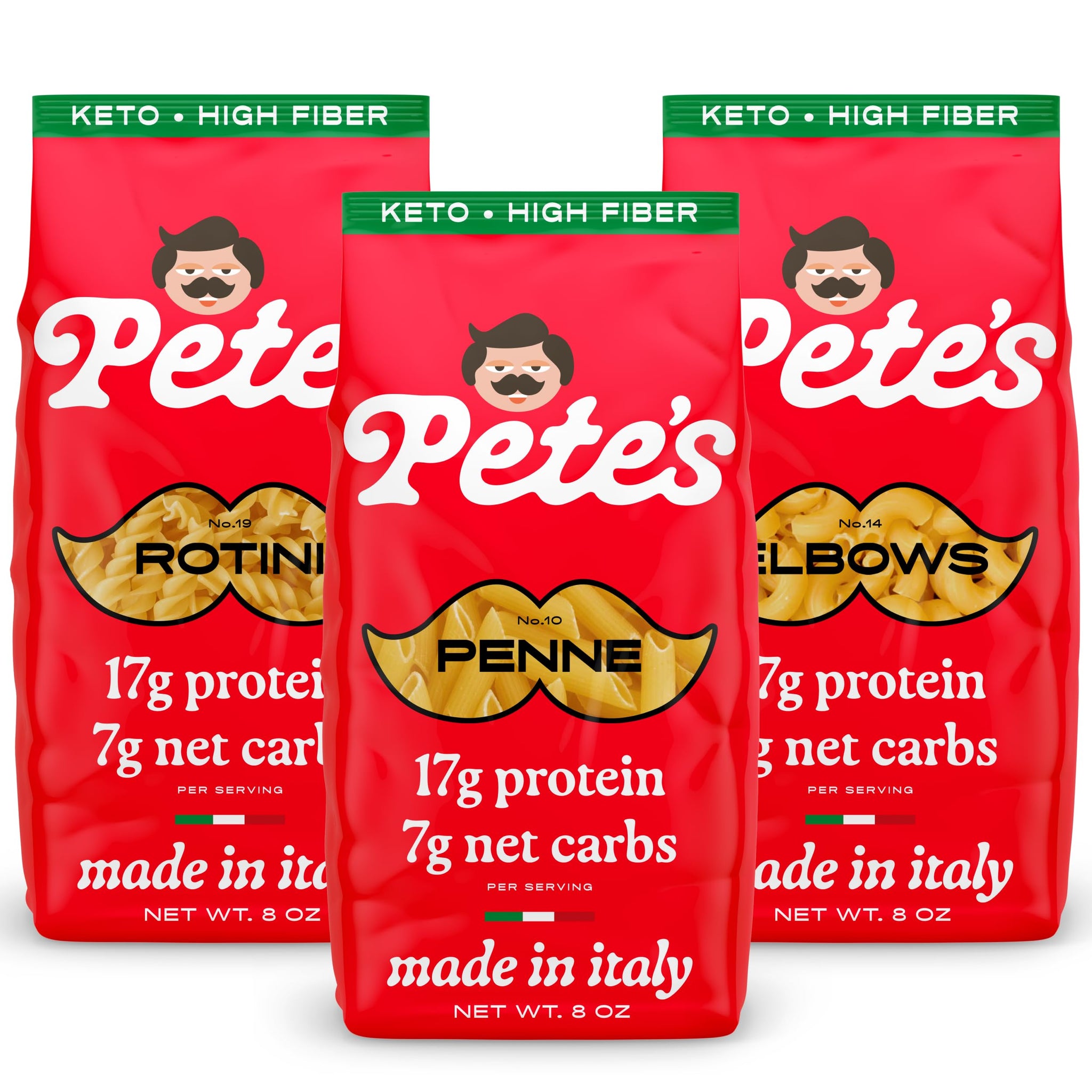 Low Carb, Protein Pasta Variety | Penne, Rotini, Elbow Macaroni with 17g Protein, 7g Carbs | Healthy, Keto Pasta Made in Italy | 3-Pack, 8oz - Pete’s