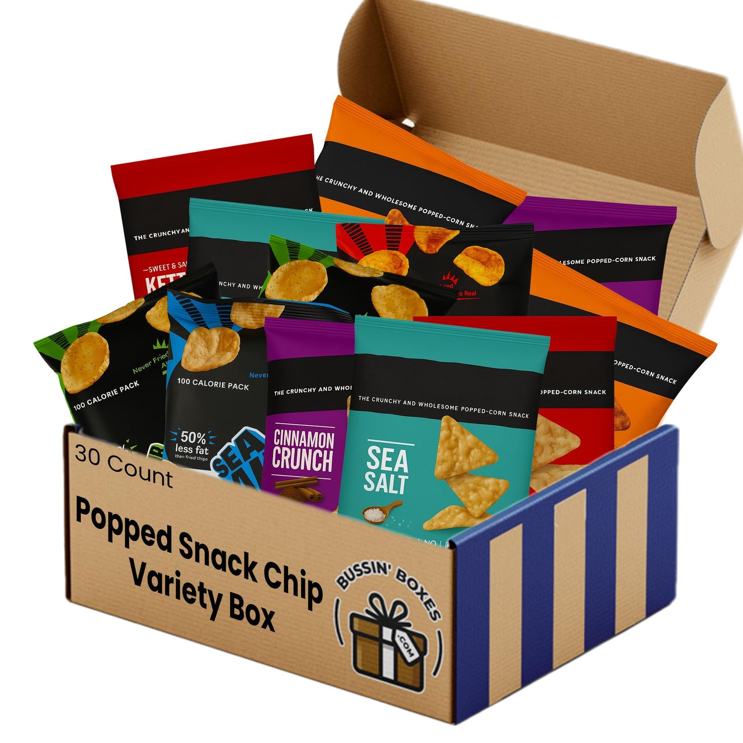 Popped Snack Variety Pack - 30 Count Snack Box with Air-Popped and Crunchy Chip Alternatives - Individually Wrapped Bags Assembled by Bussin Boxes