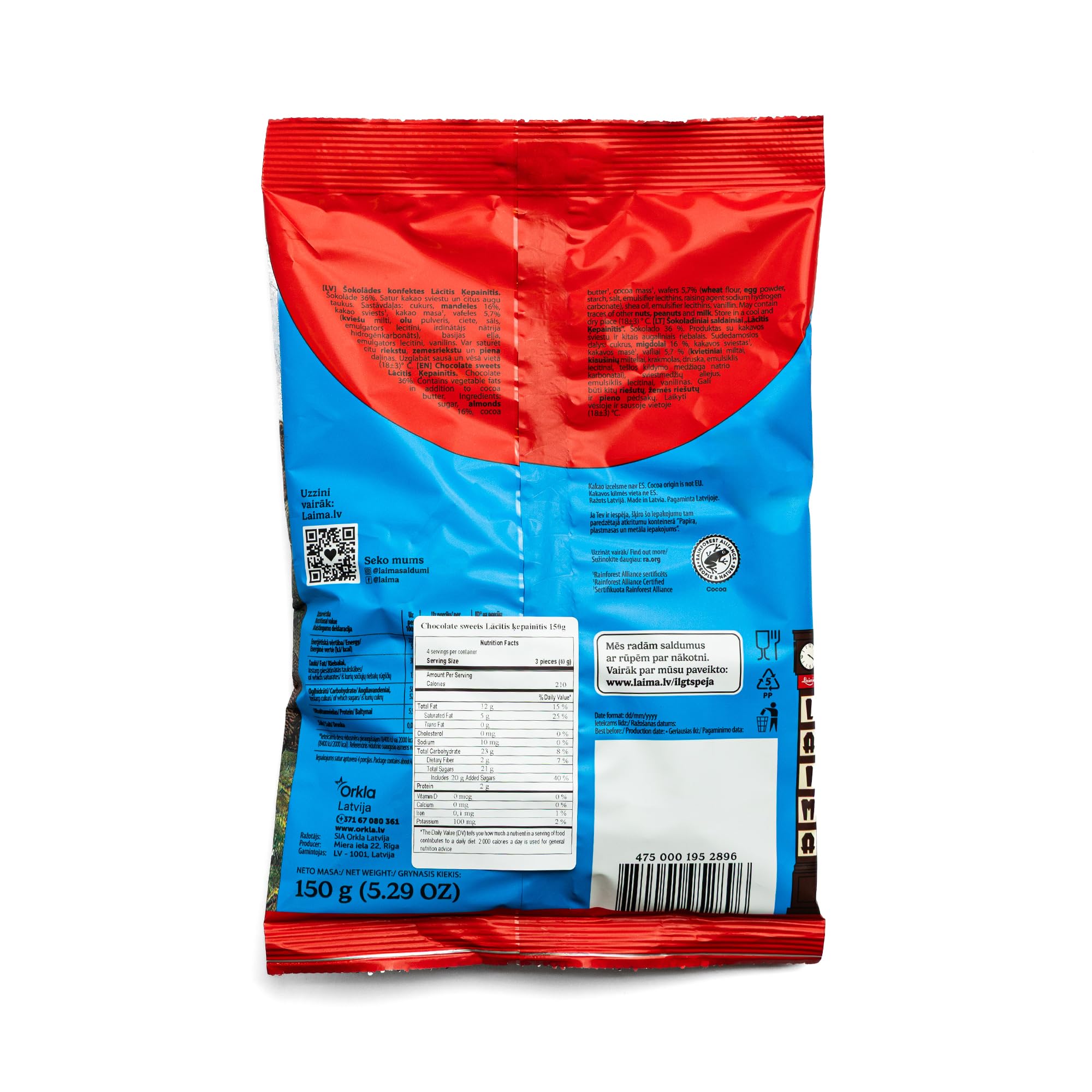Laima Chocolate Covered Almond Praline Candy with Wafers, 160 g Bag (Pack of 4), L?c?tis ?epain?tis (Bear Paw)