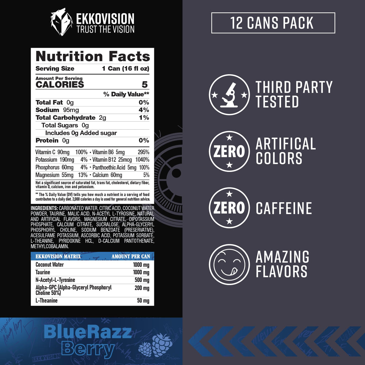 Ekkovision Energy Drink, Blue Razz, Caffeine Free, 16 Fl Oz, 12 Pack