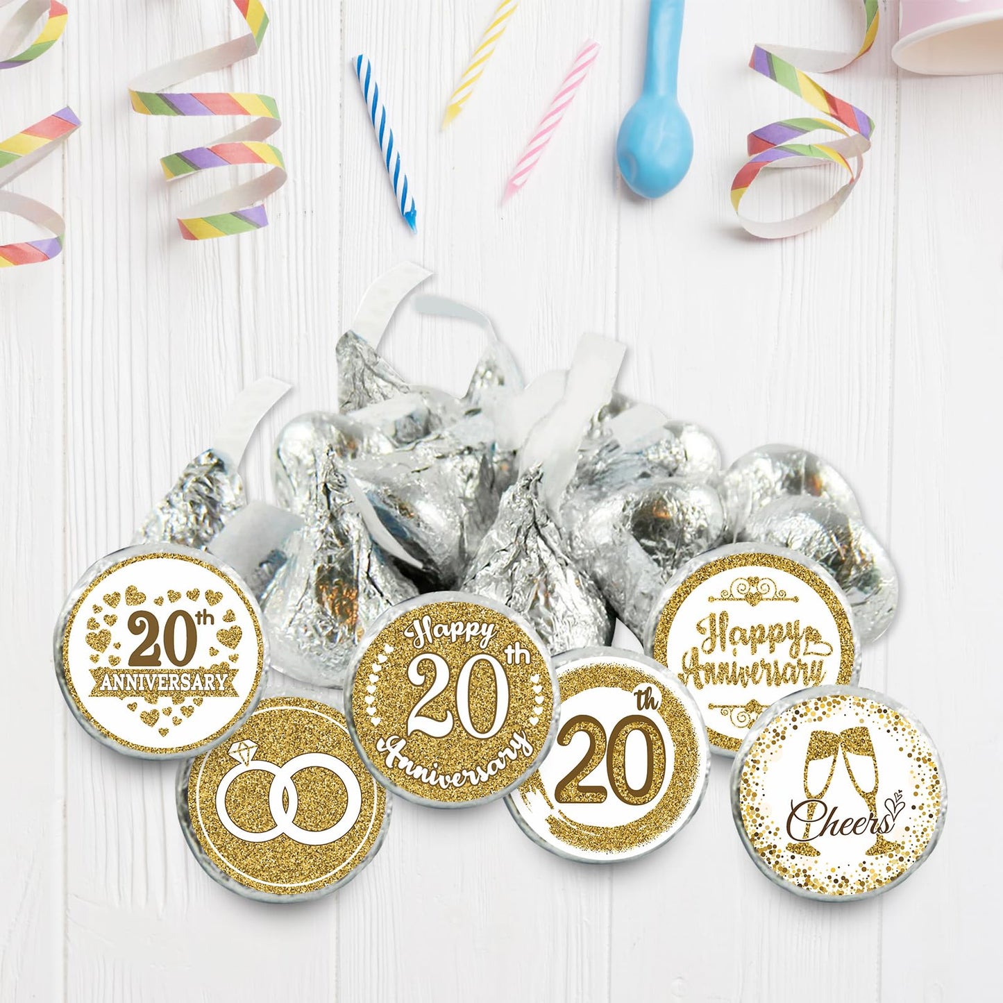 Gold 20th Anniversary Chocolate Kiss Stickers,180 Count, 0.75" Chocolate Drop Labels for Kisses, 20th Wedding Anniversary Party Favors Labels
