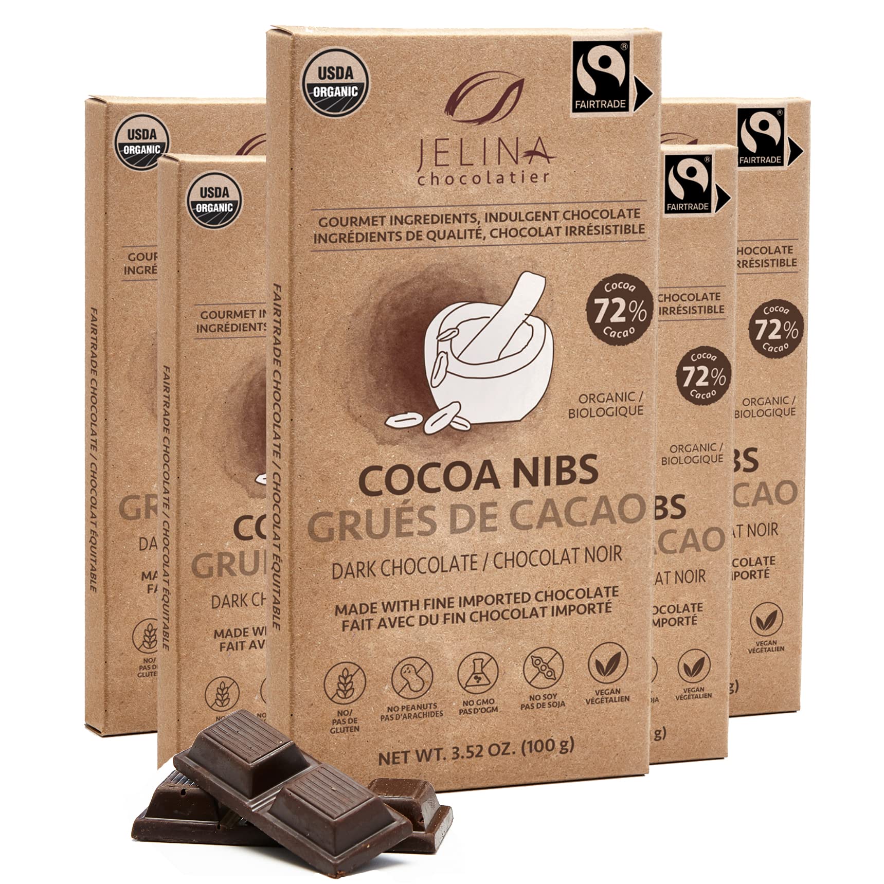 Jelina Chocolatier | Dark Chocolate Bar with Cacao Nibs | Fair Trade Chocolate Bars | Imported, Non-GMO, Natural Chocolates - 3.52oz Each (Cacao Nibs