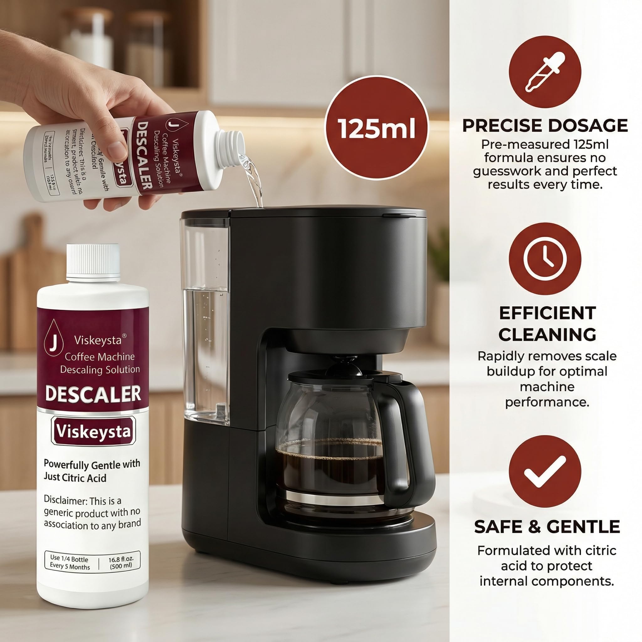 Viskeysta No-Pre-Soak Descaling Solution,Compatible with Ninja Coffee Makers, 500ml Bottle for 4 Uses