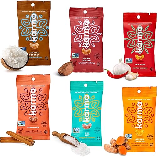 Karma Nuts Flavored Cashews Variety Pack (1.5 oz, Pack of 6) - Whole Roasted Cashews, Healthy Snacks for Adults - Gluten Free Vegan Snacks, Vegan, Non