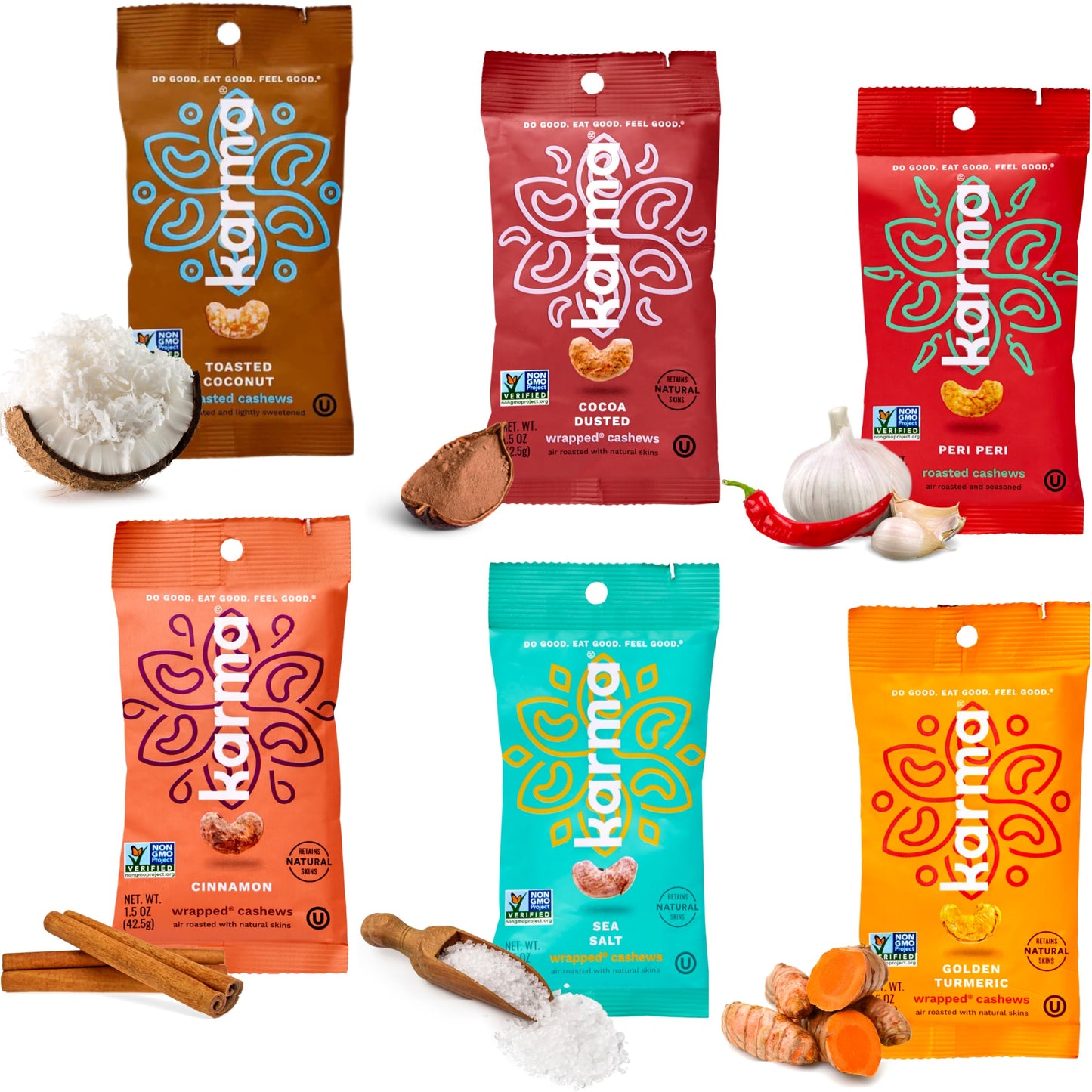 Karma Nuts Flavored Cashews Variety Pack (1.5 oz, Pack of 6) - Whole Roasted Cashews, Healthy Snacks for Adults - Gluten Free Vegan Snacks, Vegan, Non