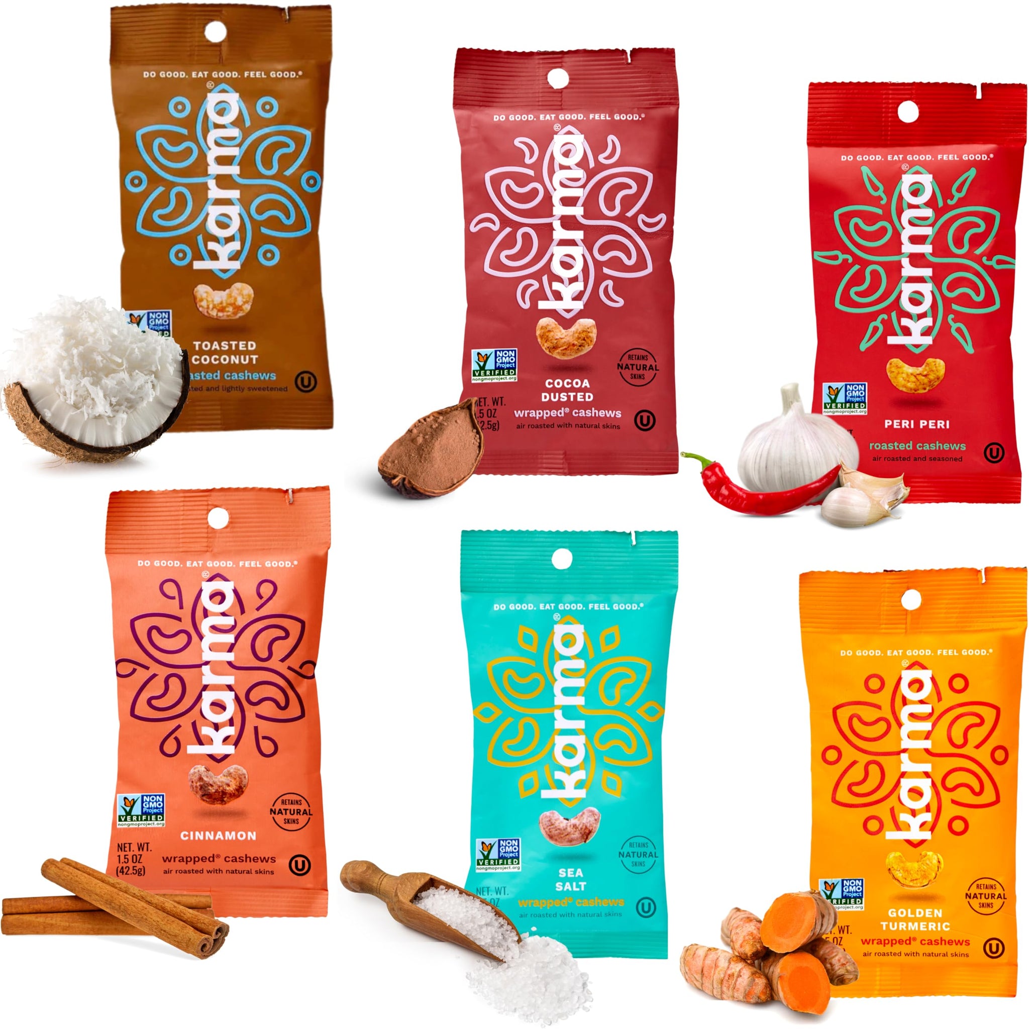 Karma Nuts Flavored Cashews Variety Pack (1.5 oz, Pack of 6) - Whole Roasted Cashews, Healthy Snacks for Adults - Gluten Free Vegan Snacks, Vegan, Non