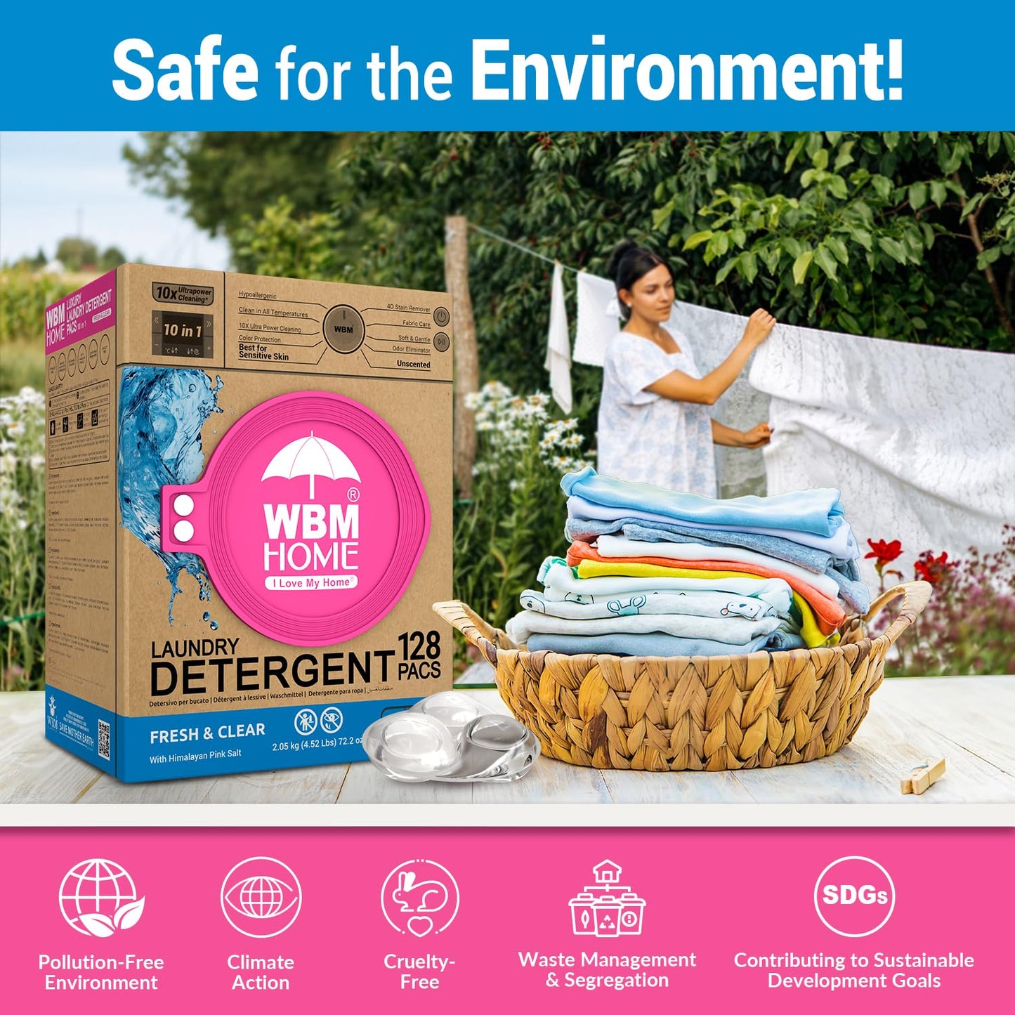 WBM Laundry Detergent Pods, 128 Count | Fresh & Clear Unscented | Laundry Pods 10x Ultrapower Cleaning With Color Protection and Eco-Friendly