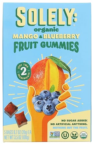 SOLELY - Organic Mango & Blueberry Whole Fruit Gummies (5 Bags per Box, 8 boxes) - Real Fresh Fruit - Healthy Snacks for Adults & Kids - Non-GMO