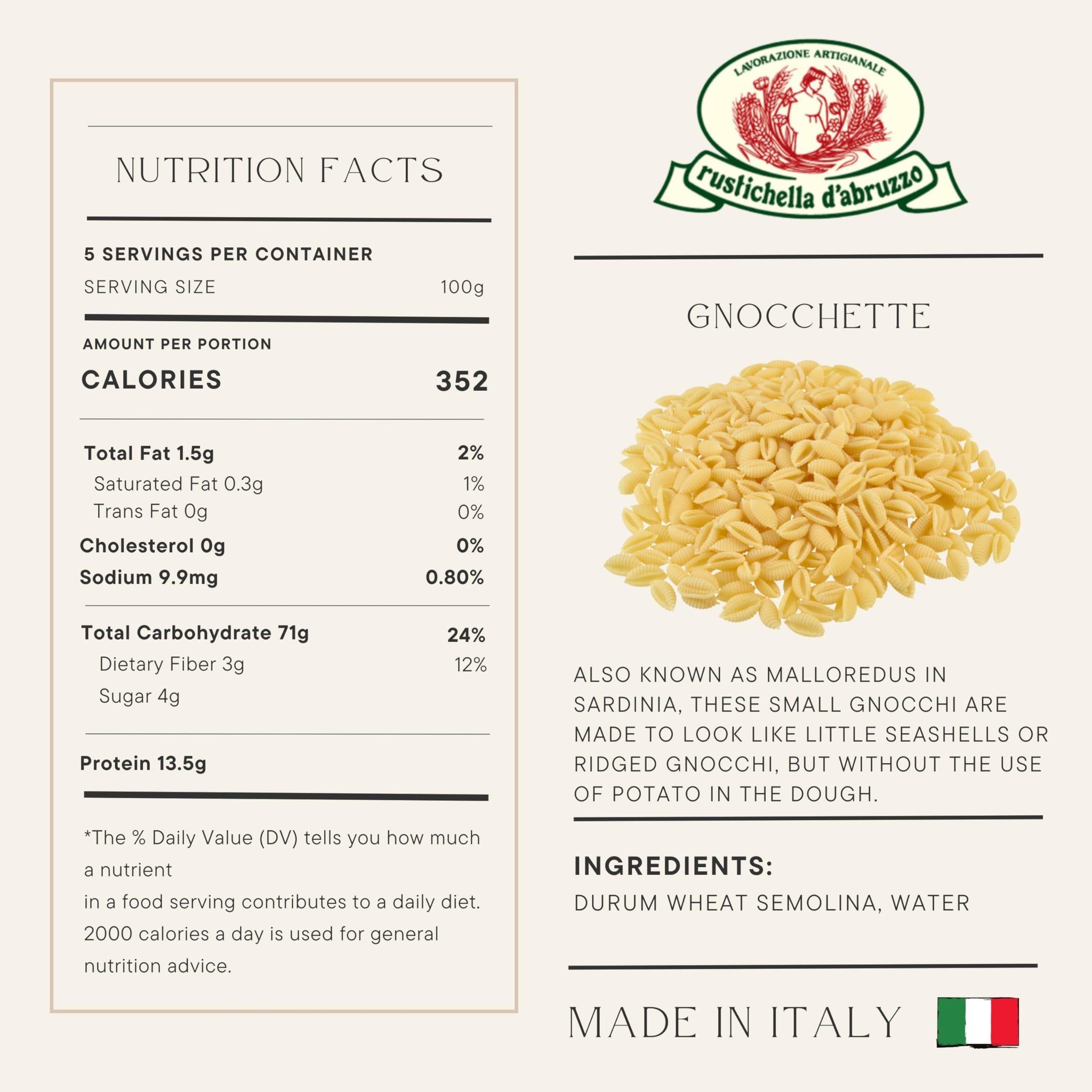 Rustichella d'Abruzzo Gnocchette Shell Pasta - 500g Sardinian-Style Pasta - Shell-Shaped Durum Wheat Dumplings - Cooks in 10-13 Minutes - Perfect