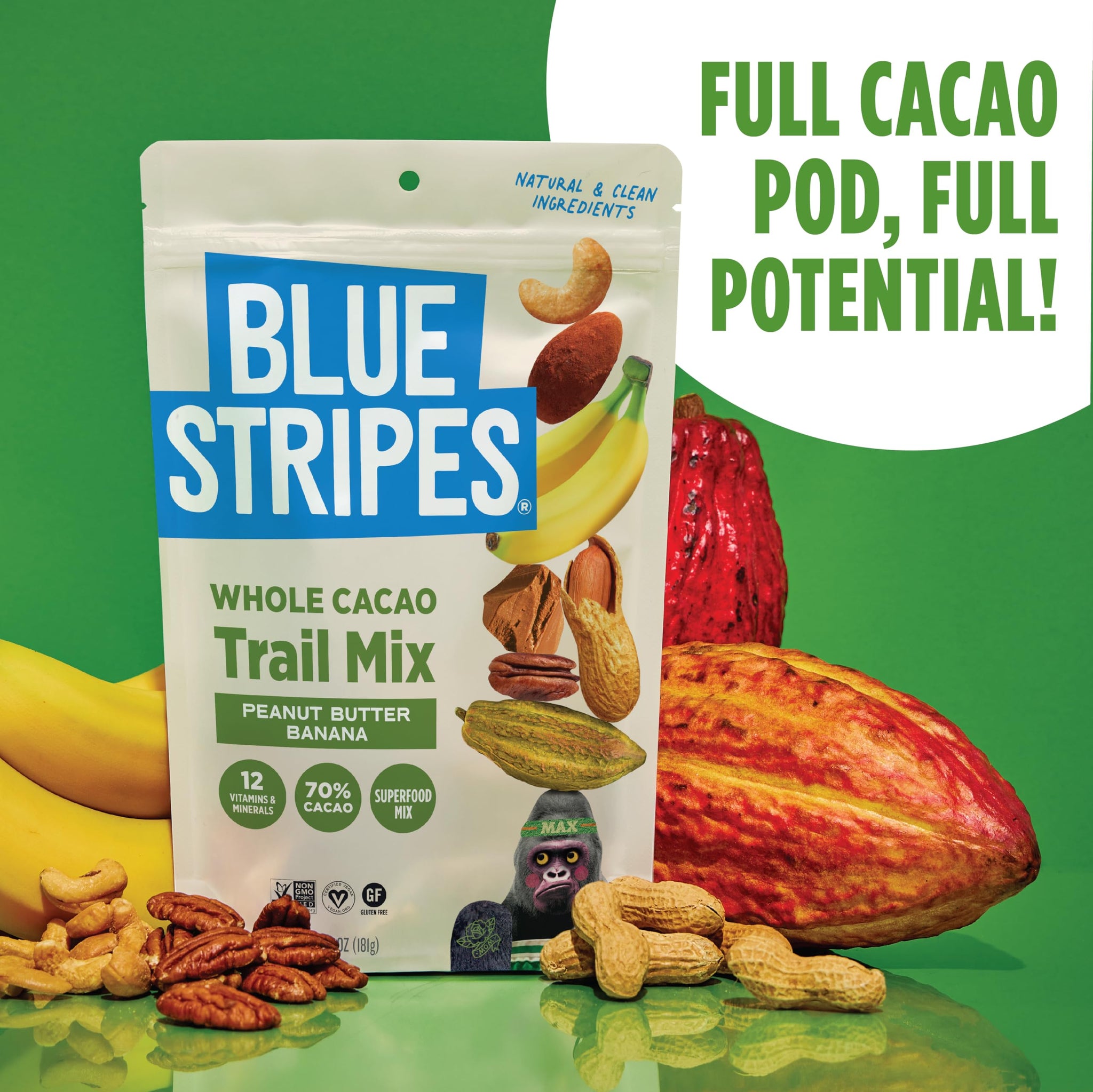 Blue Stripes - Trail Mix, Peanut Butter Banana, Cashews, Peanut Butter Chips, Healthy Snacks for Adults, Whole 70% Cacao, With Unrefined Sugar, Non
