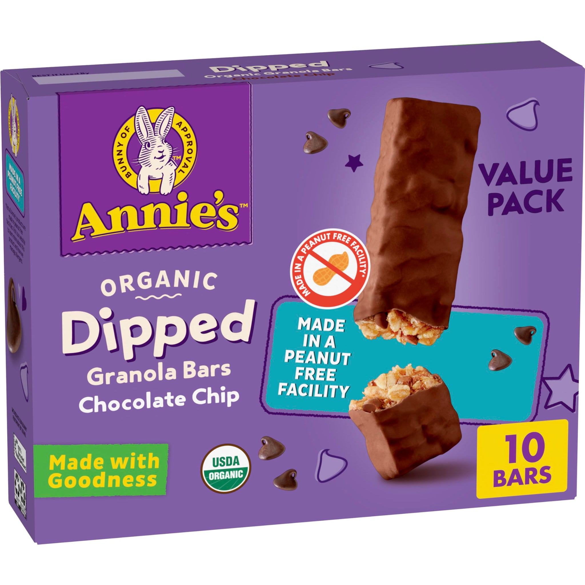 Annie's Organic Dipped Granola Bars, Chocolate Chip, Peanut Free, 10 Bars, 9.2 oz