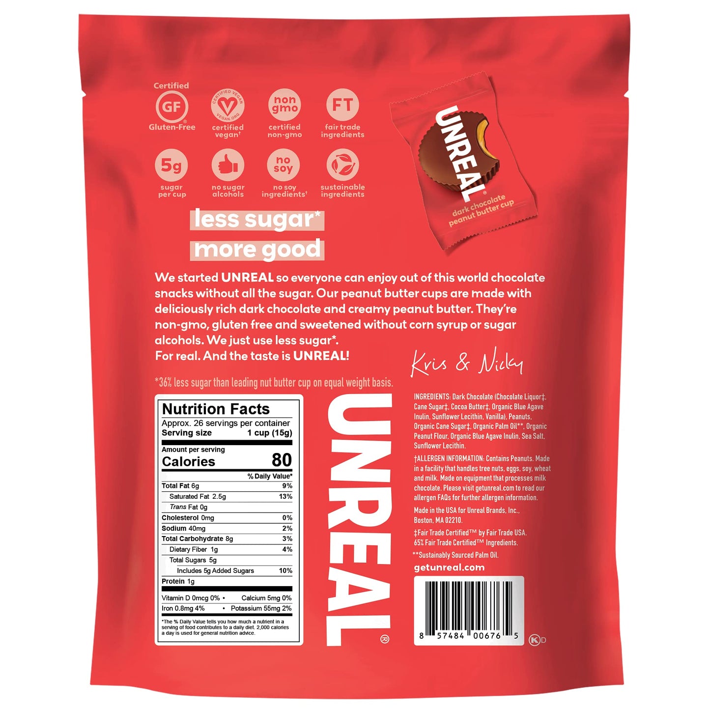 UNREAL Dark Chocolate Peanut Butter Cups| 5g Sugar | Certified Vegan, Gluten Free, Fair Trade, Non-GMO | No Sugar Alcohols or Soy | 13.75 oz Bag