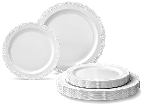 " OCCASIONS " 120 Plates Pack,(60 Guests) Vintage Wedding Party Disposable Plastic Plates Set -60 x 10'' Dinner + 60 x 7.5'' Salad/Dessert (Verona